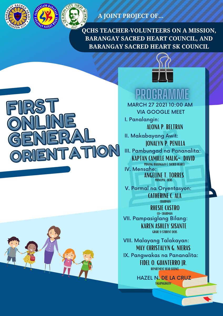 SKSacre's tweet photo. Magandang araw mga kabarangay!
Inihahandog ng:
QCHS Teacher-Volunteers on a Mission, Barangay Sacred Heart Council, at Barangay Sacred Heart SK Council ang 
FREE ONLINE TUTORING SERVICE IN THE TIME OF PANDEMIC GENERAL ORIENTATION DAY sa MARSO 27, 2021, 10:00 n.u

[1/5] https://t.co/cMKJKvCh9N