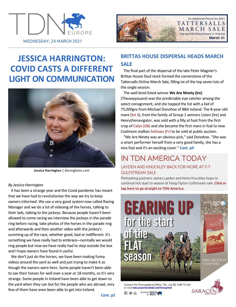 theTDN's tweet photo. In today’s TDN Jessica Harrington talks about her new communication methods &amp; her string for the season ahead. Brittas House dispersal heads Tattersalls March Sale, A Fresh Look with Liam Norris &amp; more. Download here. https://t.co/7lxDOpMJgV https://t.co/9Ib6s0il08