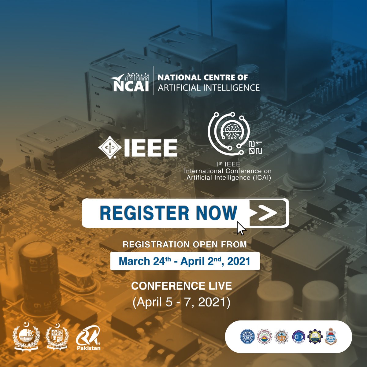 ncaipk's tweet photo. Call for Registrations!
1st IEEE International Conference on Artificial Intelligence (ICAI 2021) will be held from 5th-7th April, 2021 virtually at NCAI, NUST Islamabad with the technical Co-Sponsor of IEEE.
https://t.co/d8Ey0UJcjC
#icai2021 https://t.co/7xsWJLxLY3