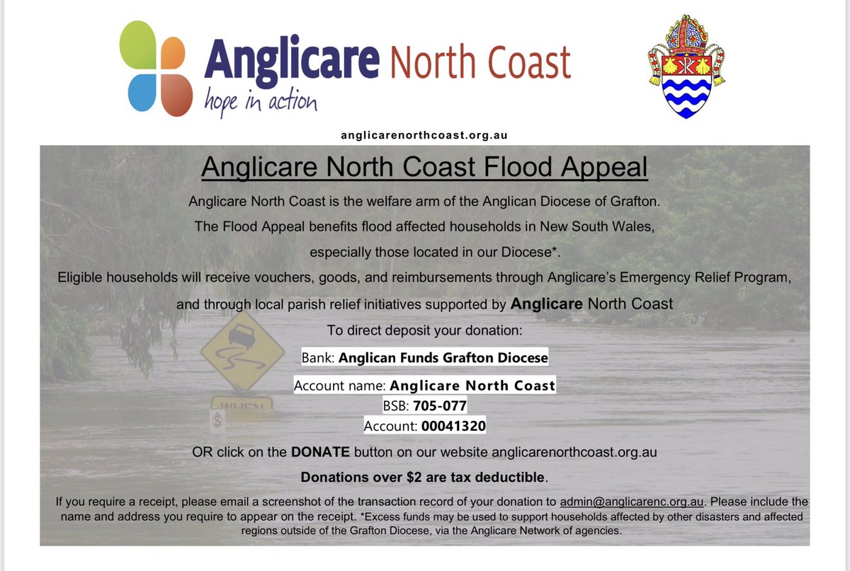 GraftonDiocese's tweet photo. We have launched a Flood Disaster Appeal in conjunction with Anglicare North Coast. Please support this Tax Deductible appeal which will assist local people across the North Coast affected by the current flood event. https://t.co/AEWROInLTQ