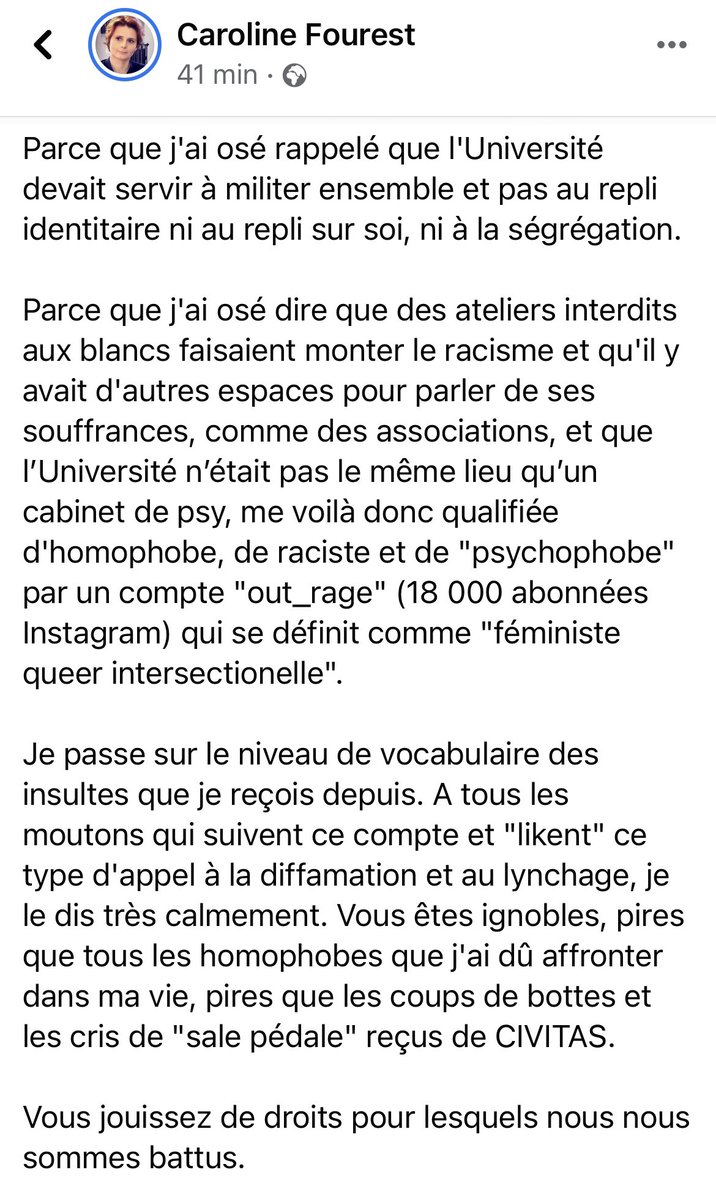 tcabarrus's tweet photo. Plein soutien à #CarolineFourest en but à des attaques indignes. On aimerait entendre toutes ces #gauches qui se terrent dans le silence face aux injonctions des prétendues "#feministes #queer #intersectionnelles" des #universites https://t.co/8K2jBMTxWB