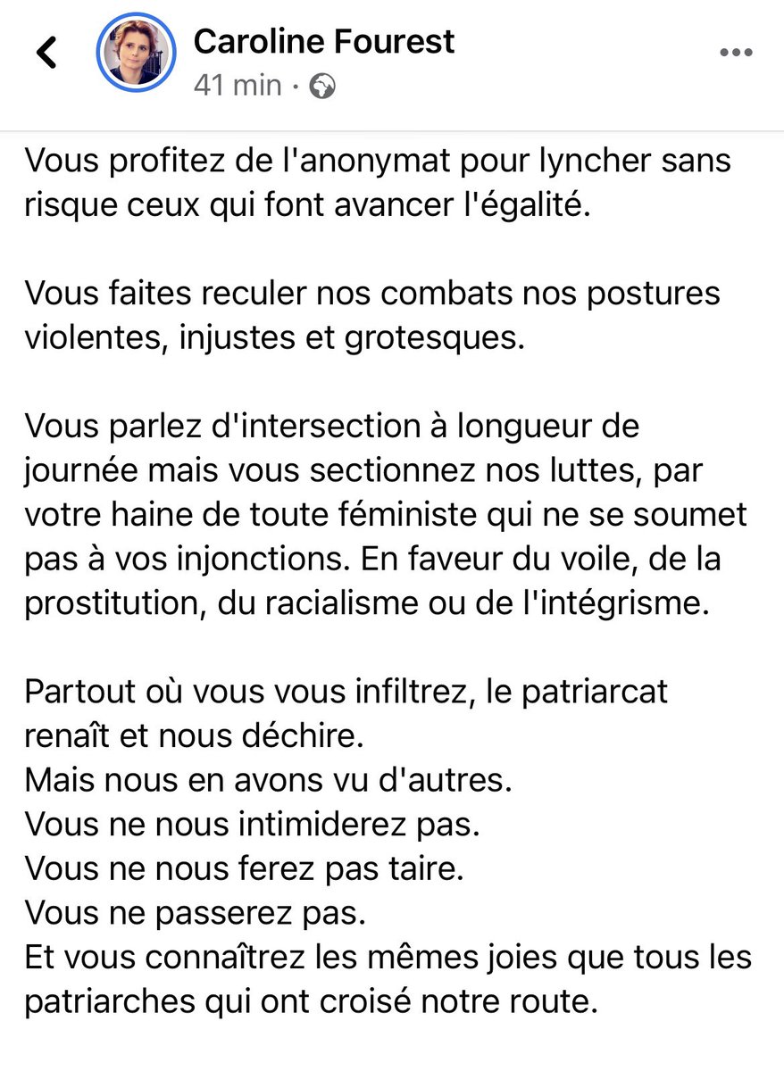 tcabarrus's tweet photo. Plein soutien à #CarolineFourest en but à des attaques indignes. On aimerait entendre toutes ces #gauches qui se terrent dans le silence face aux injonctions des prétendues "#feministes #queer #intersectionnelles" des #universites https://t.co/8K2jBMTxWB