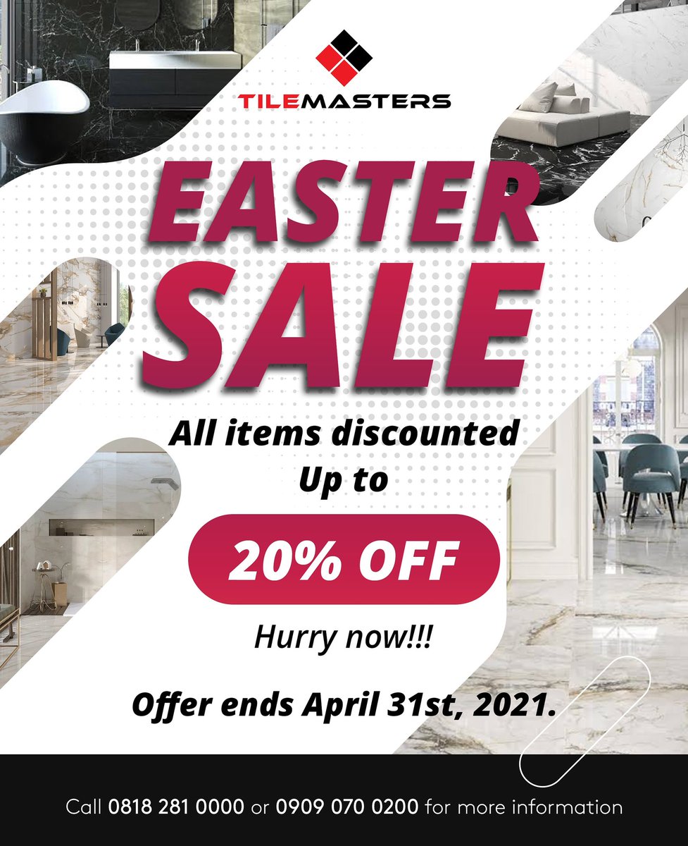 TileMastersNG's tweet photo. EASTER SALE๐ฅณ get up to 20% off๐คฏ
Hurry now!!!
.
#tiles #tilemasters #clearancesale #eastersale #interiors #walltiles #floortiles #decor https://t.co/h9D8xfEema