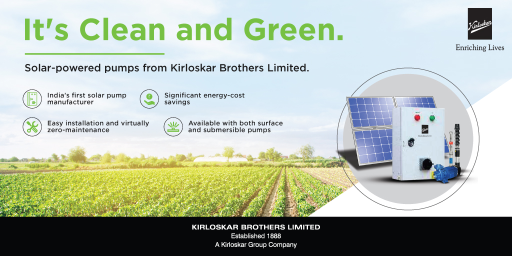 Save Energy. Be Responsible. Go Green - with the Kirloskar solar pumping system. KBL's Jalverter technology makes the optimum use of solar energy to deliver water at virtually zero electricity cost and maintenance, thereby ensuring high efficiency and energy cost savings. 

#KBL https://t.co/G62WKLMJbg