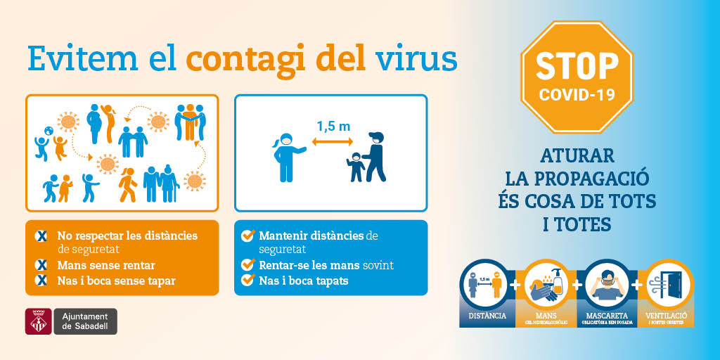 ⚠️𝗘𝘃𝗶𝘁𝗲𝗺 𝗹𝗮 𝗽𝗿𝗼𝗽𝗮𝗴𝗮𝗰𝗶𝗼́ 𝗱𝗲𝗹 𝘃𝗶𝗿𝘂𝘀 

✅↔️Mantenir les distàncies de seguretat
✅🤲Rentar-se les mans sovint
✅😷 Nas i boca tapats

❌No respectar distància
❌Mans sense rentar
❌Nas i boca sense tapar

Aturar la propagació és cosa de tots i totes❗