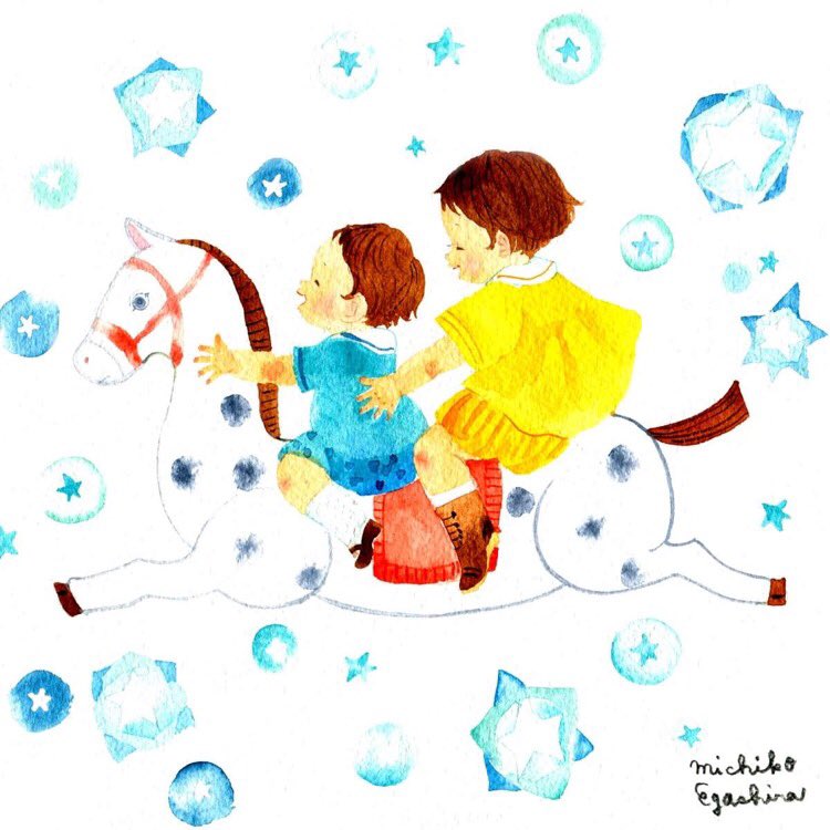 この木馬に乗って飛んでる絵は 私が好きなモチーフです 楽しそうに描けた えがしらみちこ 絵本作家 のイラスト