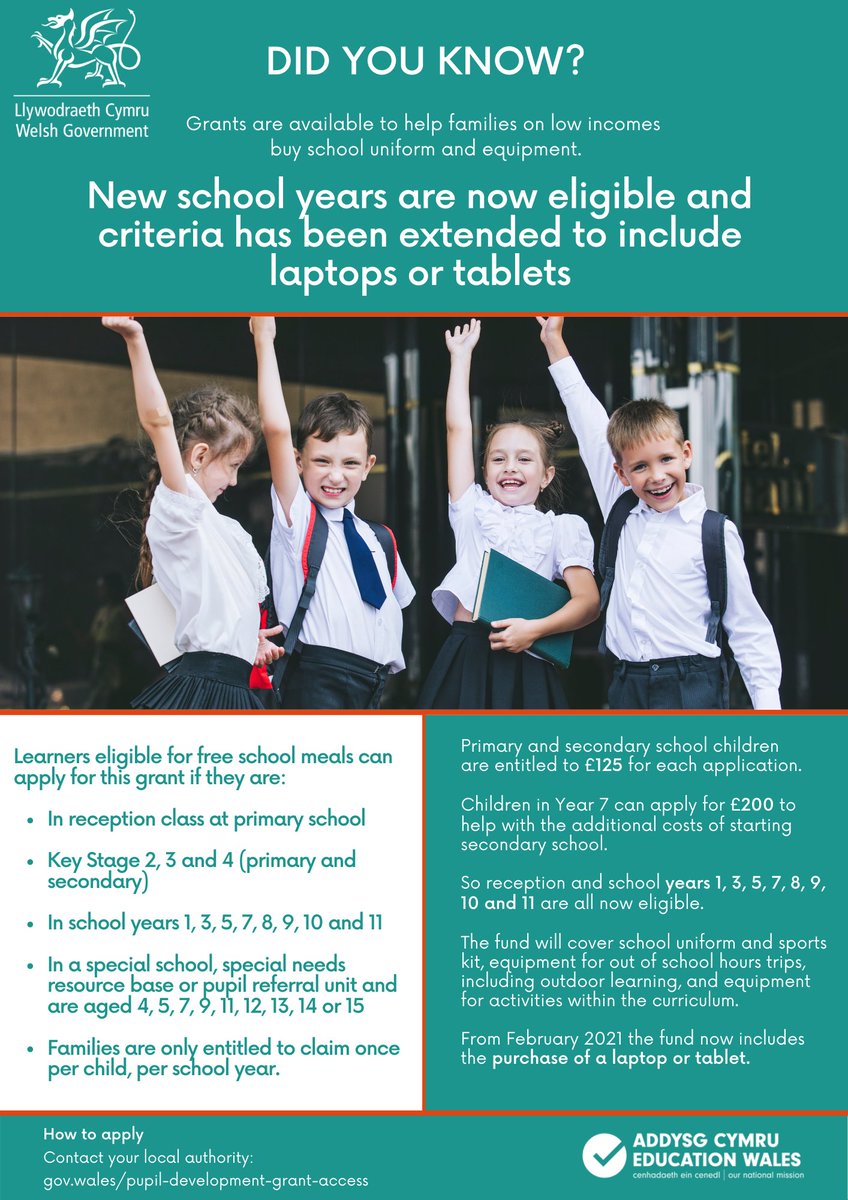 Schools in Wales! 

Help is available for families on low incomes to buy school uniform or a device for home learning: gov.wales/pupil-developm…

Please help us spread the message by sending this leaflet to parents through your networks: gov.wales/pupil-developm…
#HelpWithKit