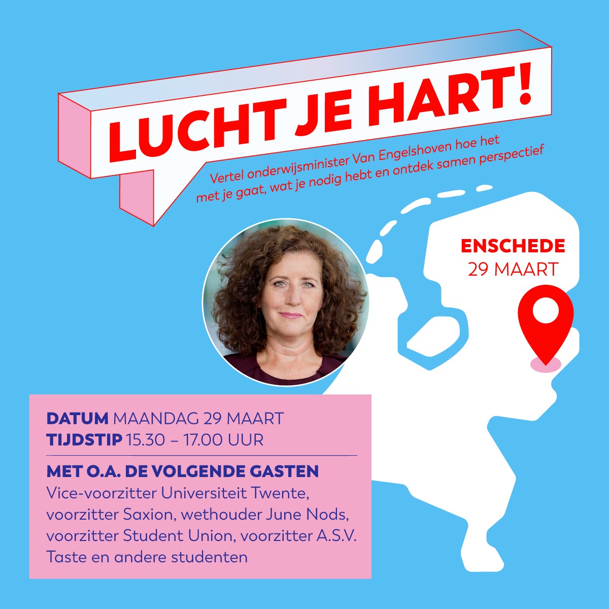 Saxion's tweet photo. Door de coronamaatregelen hebben #studenten het zwaar. Maandag 29 mrt van 15.30-17.00u gaat minister @ivanengelshoven met studenten in Enschede in gesprek tijdens het online event #luchtjehart om te ontdekken wat perspectief kan bieden. Meld je aan ➡️ https://t.co/W1OVBVNq7M https://t.co/WqnAYs0nUz