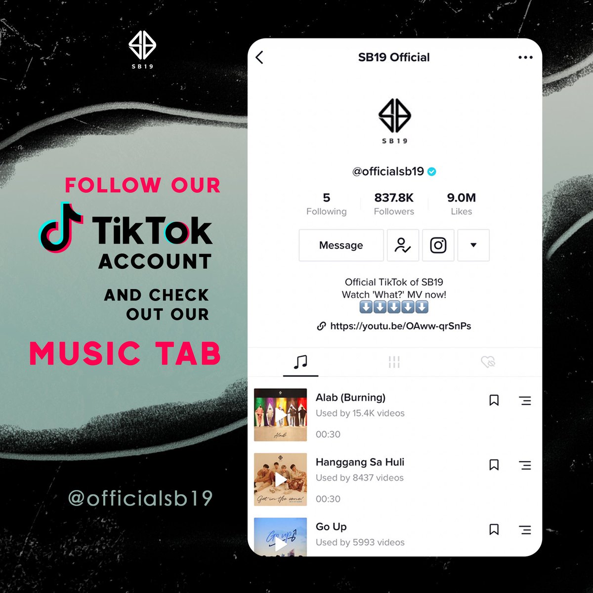 SB19Official's tweet photo. Follow our TikTok account and check out our Music Tab! ♪

🔗 https://t.co/BP4uzFfTPT

Stay tuned for more updates! https://t.co/f2VEsuNmVC