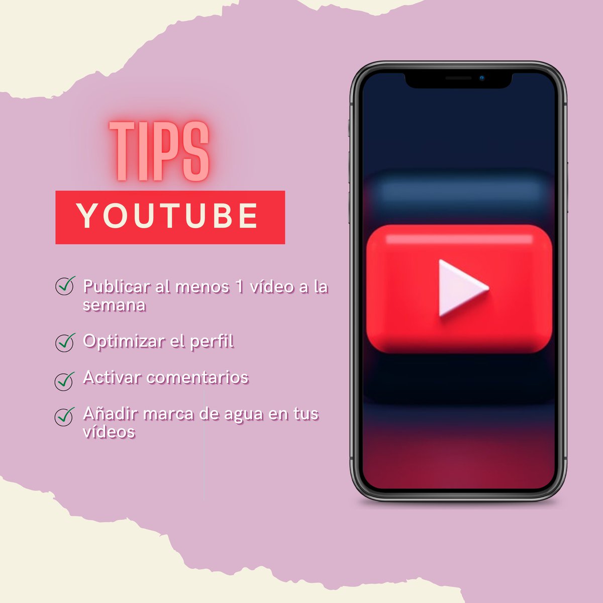 MarketingEdtech's tweet photo. 🙌Hoy os traemos algunos tips para YouTube🎬

✅Publicar al menos 1 vídeo a la semana

✅Optimizar el perfil (utilizar Key words y fotos de calidad)

✅Activar comentarios (tener interacciones con los usuarios)

✅Añadir marca de agua en tus vídeos (⬆️reconocimiento de tu marca) https://t.co/yulksfJPbP