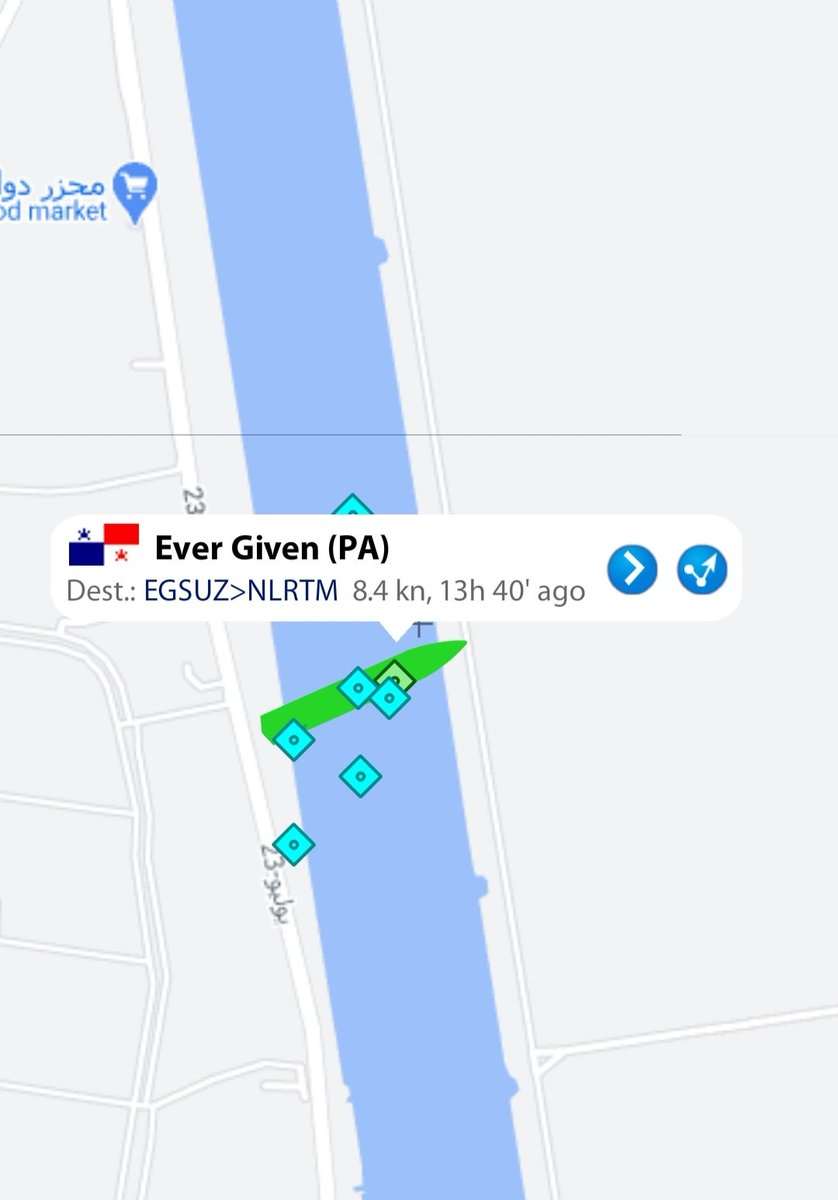Vcernohorsky's tweet photo. Obří kontejnerovou lodí zablokovaný Suezský průplav pohledem @MarineTraffic. https://t.co/XPqCWtYskB