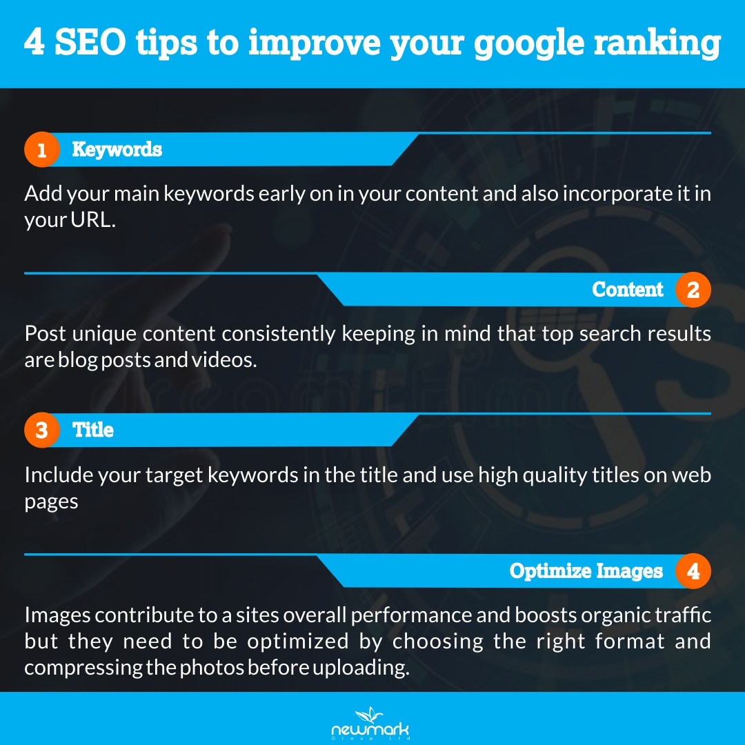 NEWMARKWORLD's tweet photo. Did you know that 93% of all online interactions begin with a google search?
Here are some tips on best SEO (Search Engine Optimization) practices to make your business more noticeable online.
#ThinkExceptional
🌐https://t.co/MmPVV6WRuu
📧hello@newmark-imc.com https://t.co/jl8UcY81jp
