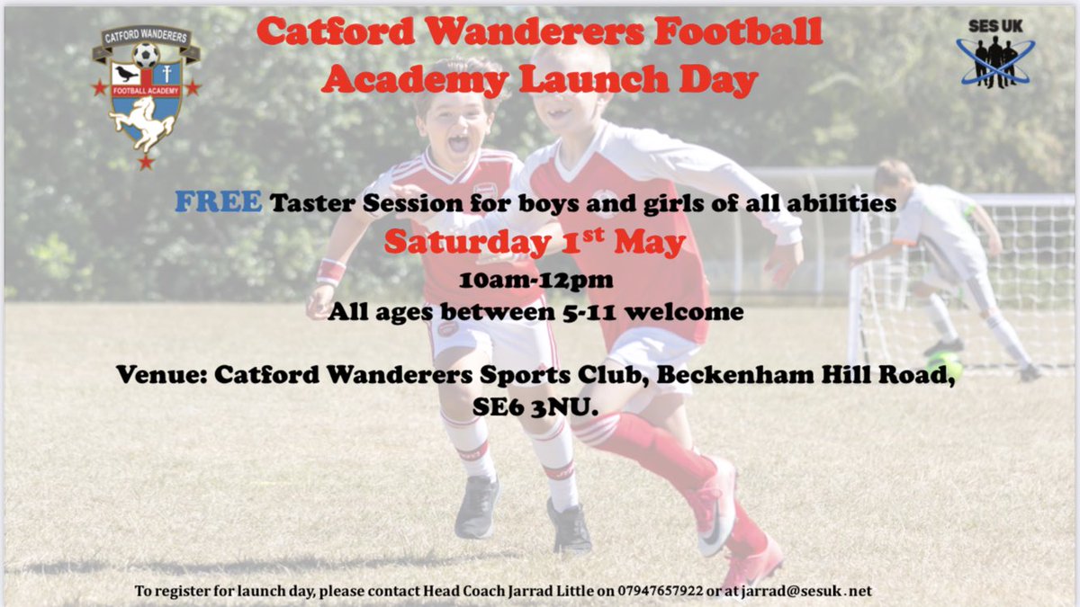 CatfordAcademy's tweet photo. Catford Wanderers Football Academy are delighted to announce that we will be launching on Saturday 1st May!

FREE taster session for boys and girls of all abilities.

To find out more or to register, please get in touch with Head Coach Jarrad Little.

Details on the flyer. ⚽️⚫️⚪️ https://t.co/1WPuKdsd00