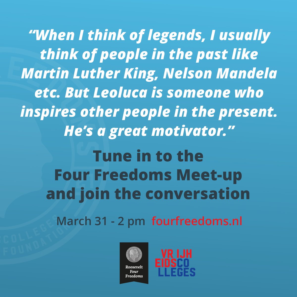 “When I think of legends, I usually think of people in the past like Martin Luther King and Nelson Mandela. But Leoluca is someone who inspires other people in the present. He’s a great motivator.”

Rapper <a href="/Cycz_/">Cycz</a> will talk to <a href="/LeolucaOrlando1/">Leoluca Orlando</a> on March 31.
#fourfreedomsawards