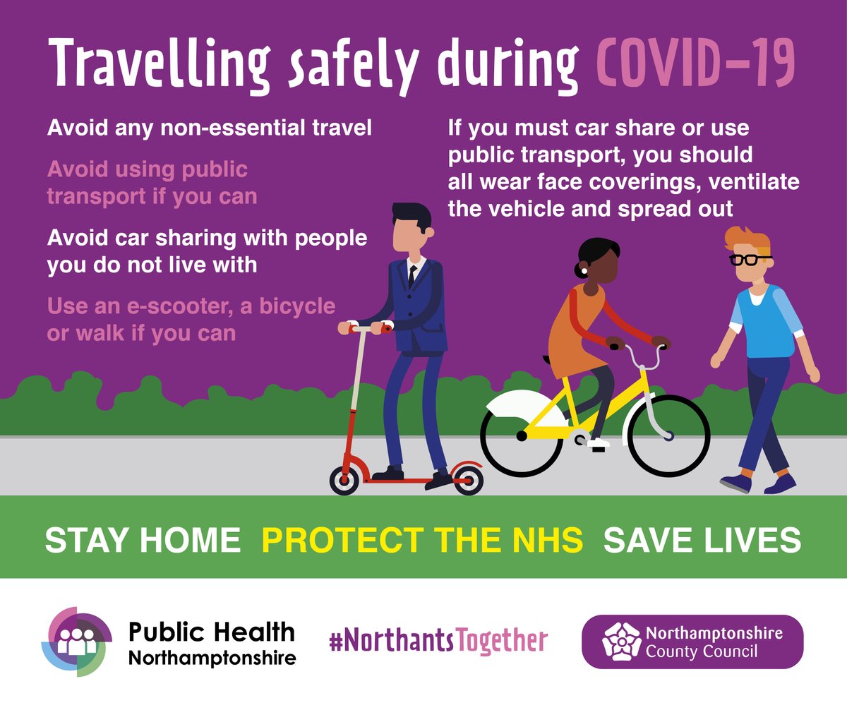 Travel safely during Covid-19 by only making essential journeys, avoiding car sharing  and walking, cycling and scooting where possible. For more information and to see the full list of restrictions, click here: bit.ly/3mXCFyk

#NorthantsTogether