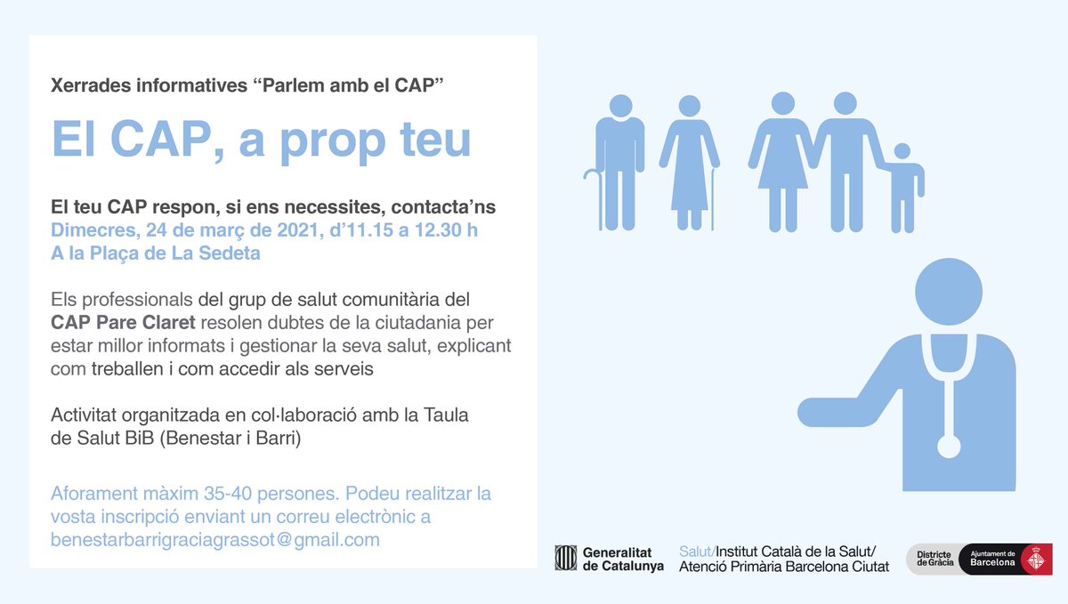 Atenció Primària i a la Comunitat de l'ICS (@primariaicscat) on Twitter photo El #CAPPareClaret s'ha apropat avui a la ciutadania per resoldre dubtes sobre com poden accedir a serveis i a professionals del centre, en un cicle de xerrades informatives organitzades amb la Taula de Salut Benestar i Barri de <a href="/Bcn_Gracia/">BCN Gràcia</a>
atencioprimariaicsbcn.wordpress.com/2021/03/15/els… El #CAPPareClaret s'ha apropat avui a la ciutadania per resoldre dubtes sobre com poden accedir a serveis i a professionals del centre, en un cicle de xerrades informatives organitzades amb la Taula de Salut Benestar i Barri de <a href="/Bcn_Gracia/">BCN Gràcia</a>
atencioprimariaicsbcn.wordpress.com/2021/03/15/els…
