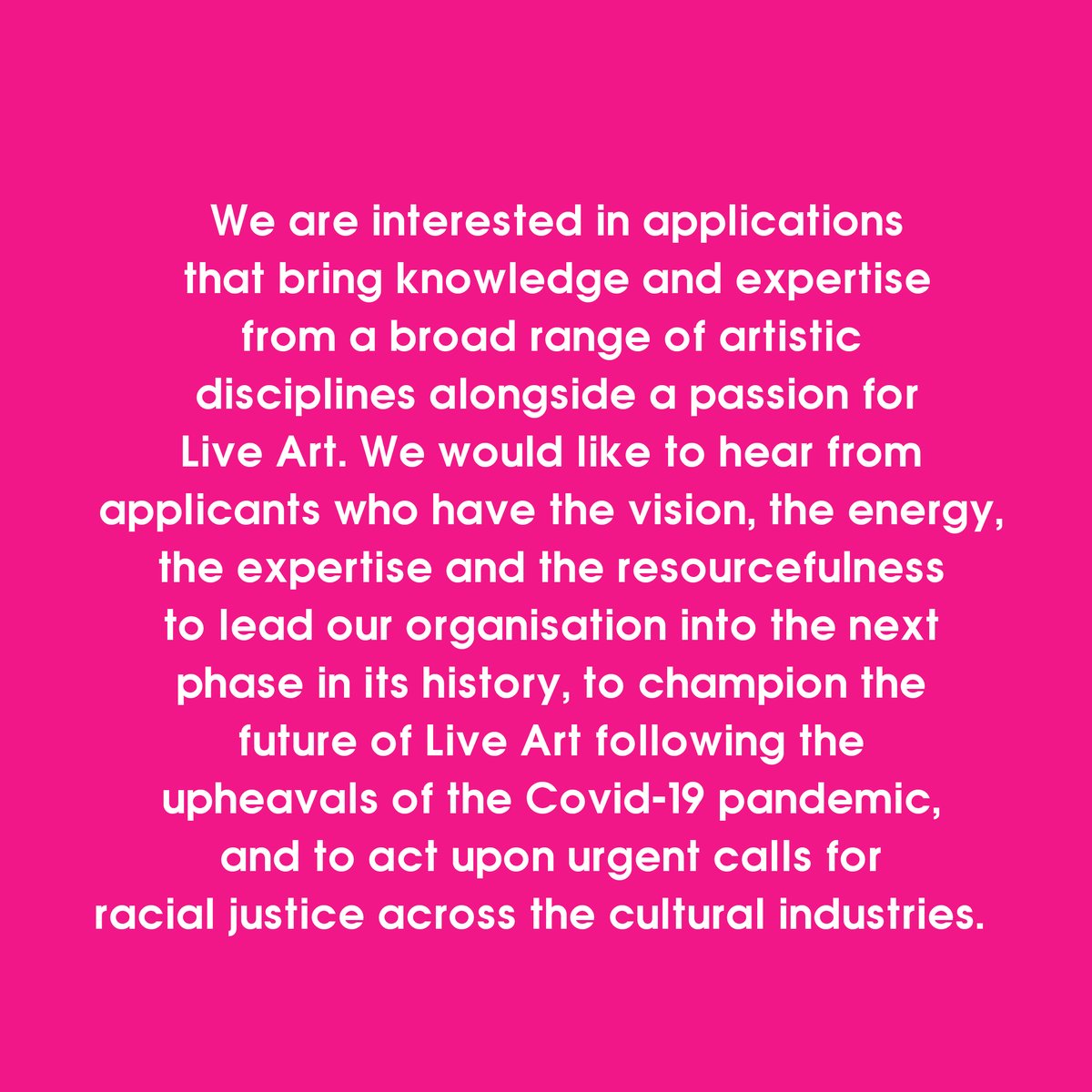 thisisliveart's tweet photo. We are inviting proposals for new leadership to create new, transformative visions for the future of LADA and for Live Art.

Please read our latest statement before considering an application: https://t.co/WStJuQKW5V 

Full details on how to apply: https://t.co/6zEqCmzSfk https://t.co/vQUYNBTdor