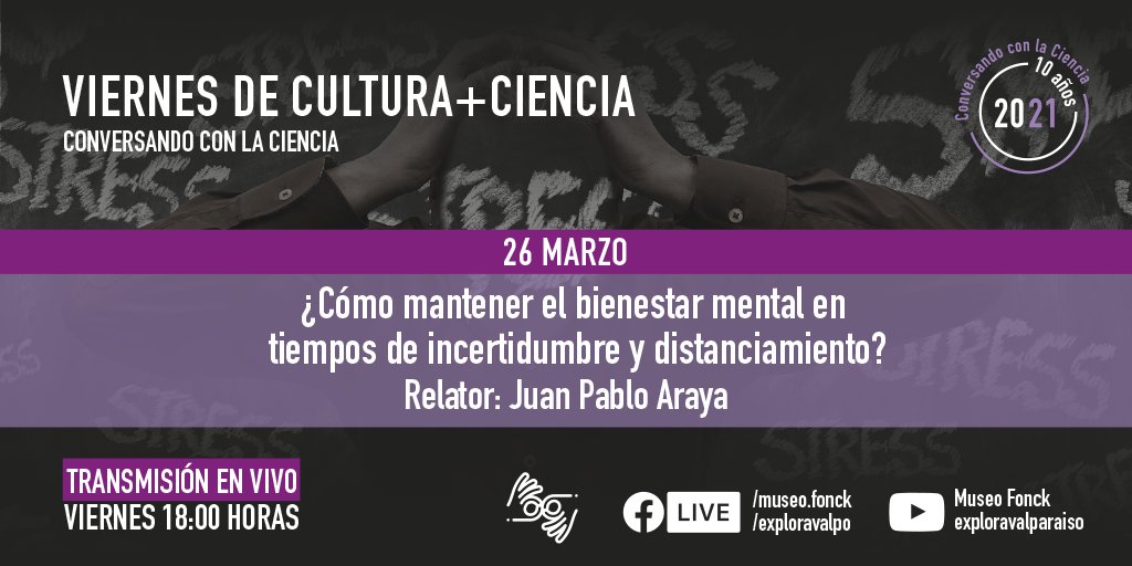exploravalpo's tweet image. ¡Temazo este viernes 😮! ¿Cómo mantener el bienestar mental en tiempos de incertidumbre y distanciamiento? Presenta el psicólogo Juan Pablo Araya de @upla_comunica Transmisión en rrss junto a @museofonck explora.cl/valparaiso/dur… #Valparaíso #FelizMiércoles #CulturaCientífica