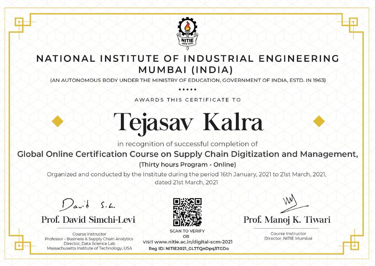jas_kalra's tweet photo. An enriching experience being taught by Prof @davidsimchilevi on #DigitalSCM course. Latest scholarly content on #digitization while revisiting the 'classic' #SCM concepts.
Thank you, Prof Tiwari & @NITIE_Official for making this possible.
#DigitalSCM #Supplychains https://t.co/WJ80hhwwqC
