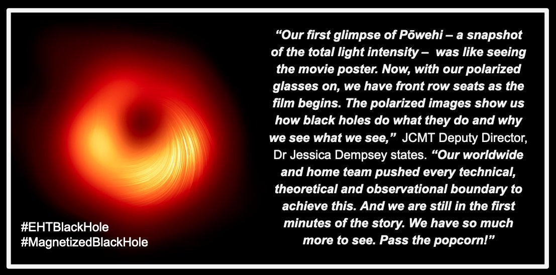 Today the image of Pōwehi, the Black Hole at the Centre of M87, Pōwehi has been shown in new light - specifically polarized light, a signature of magnetic fields. Image taken by JCMT as part of the @ehtelescope #EHTBlackHole #MagnetizedBlackHole See: buff.ly/3rczZ0Q
