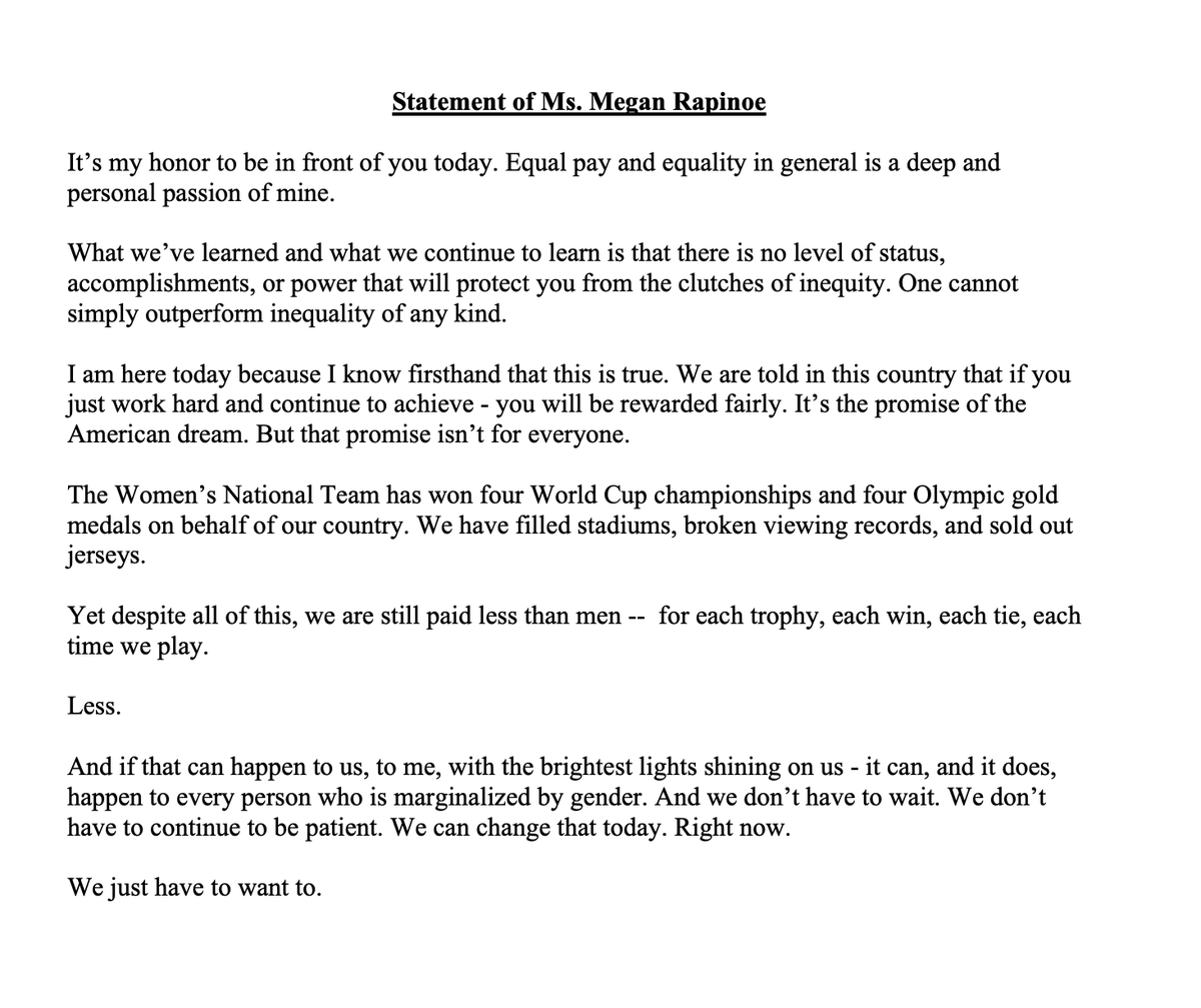 ByKellyCohen's tweet photo. megan rapinoe's prepared opening testimony before the house oversight committee today for #EqualPayDay2021 https://t.co/pkO1TFikev