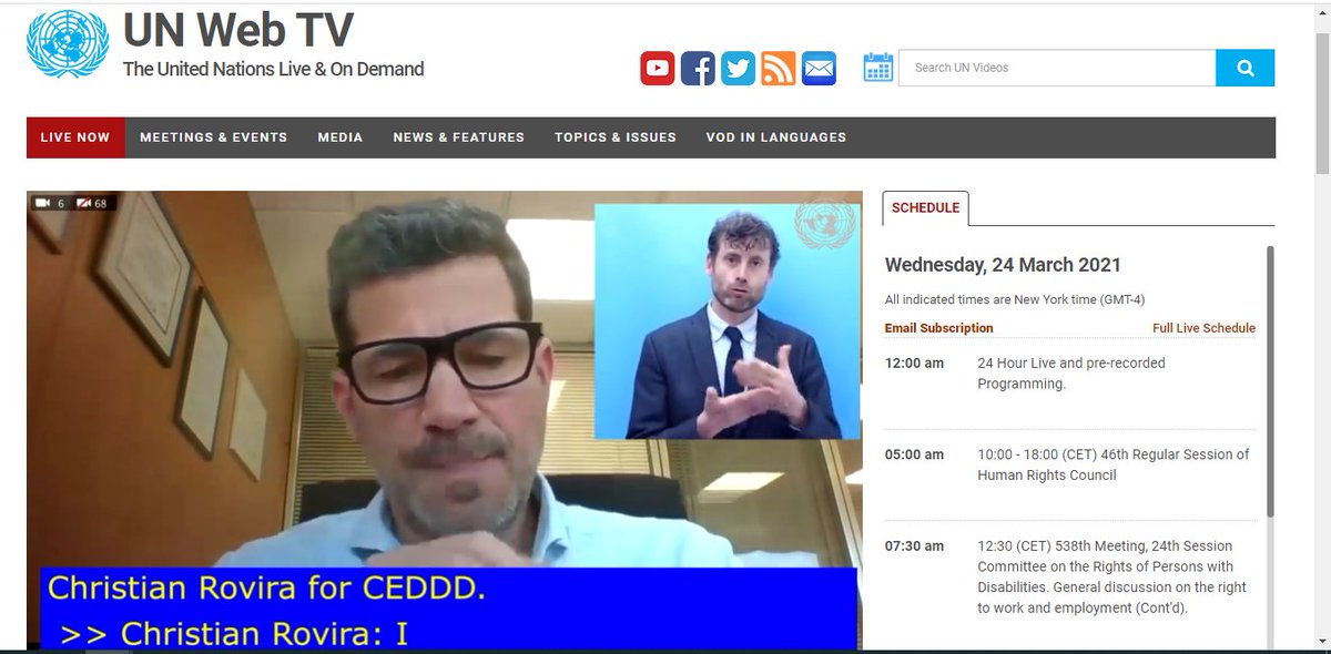 CEDDD_'s tweet photo. @cristian_rovira en representación de @CEDDD_ y @CONACEE comparece en la ONU en materia de empleo y discapacidad para exponer las empresas inclusivas a la luz del art. 27 de la Convención Internacional sobre los Derechos de las Personas con Discapacidad https://t.co/9M372qNNkF