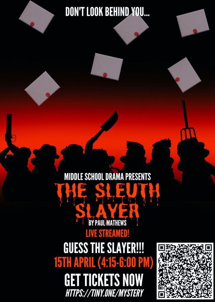 It's been a quiet year for live shows at our school, but we've still been busy behind the scenes with exam performances &amp; online projects. Here's our latest show being live streamed on Thur 15 April 4.15-6pm. The Middle School Drama Club's 'Sleuth Slayer'. Book your free ticket⬇️