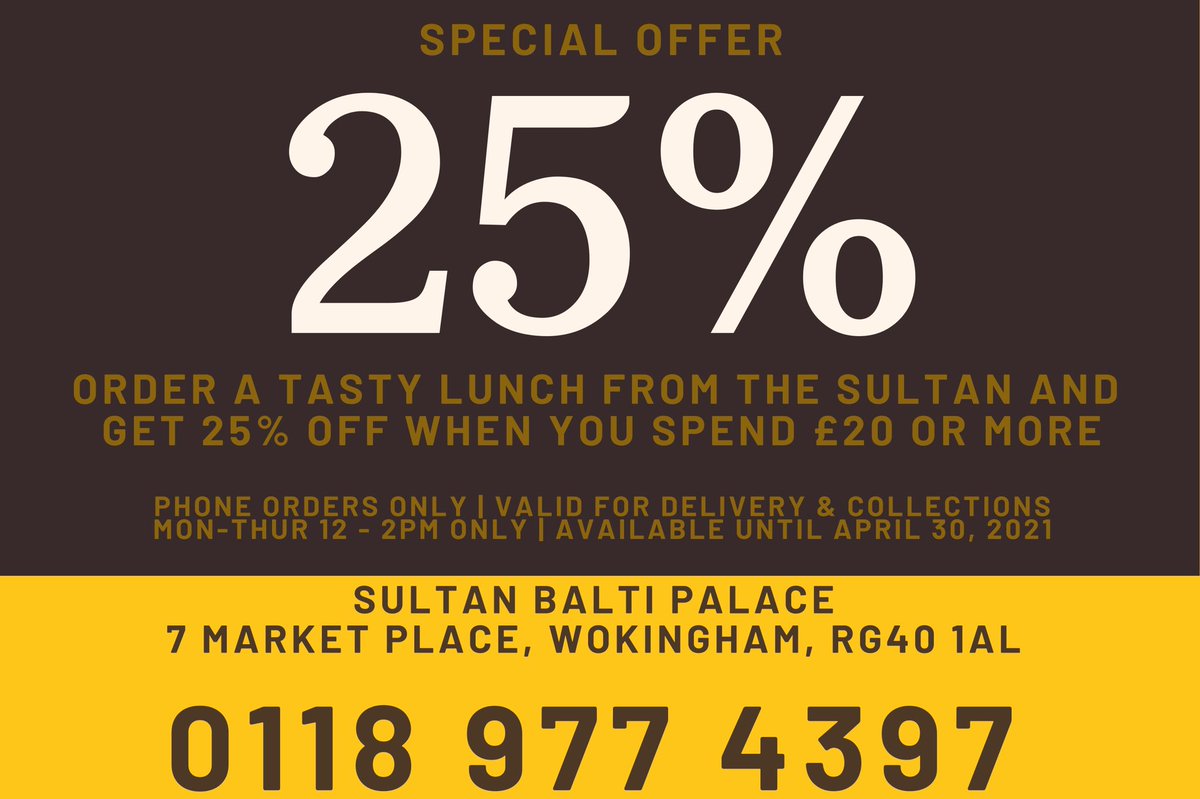 If you're looking for a tasty lunch, here's something you'll enjoy, Get 25% off when you spend £20 or more on lunch, between 12 and 2pm from Mon-Thur. Valid for telephone delivery and collection orders only. Call 0118 977 4397. #Wokingham #Lunch #Food #Delivery #Indian