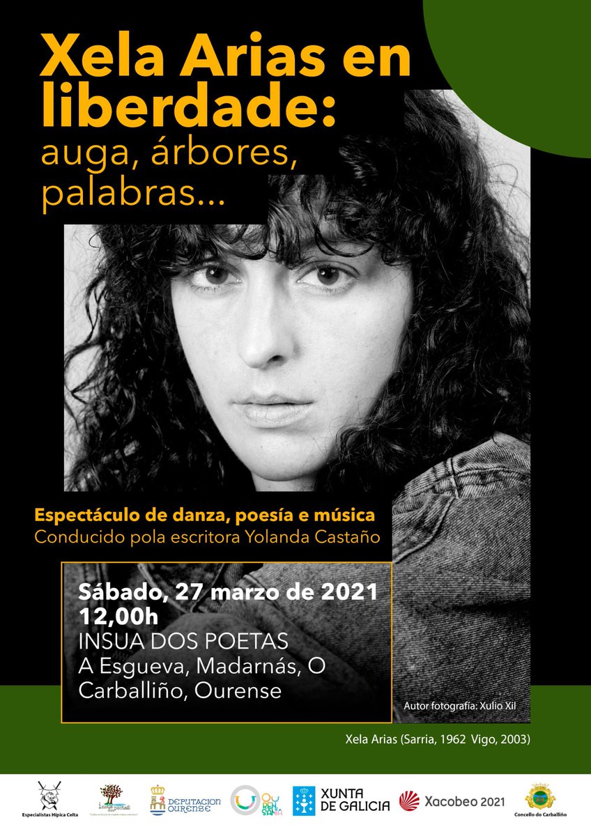 insuadospoetas's tweet photo. O vindeiro sábado, 27 de marzo, ás 12:00 h, acto de homenaxe a Xela Arias a través dun espectáculo de danza, poesía e música conducido por #YolandaCastaño. 
Con todas as medidas de prevención hixienico-sanitarias, AGARDÁMOSVOS!! 
#aculturasegue #xelaarias #insuadospoetas https://t.co/mgVoTaIh9n