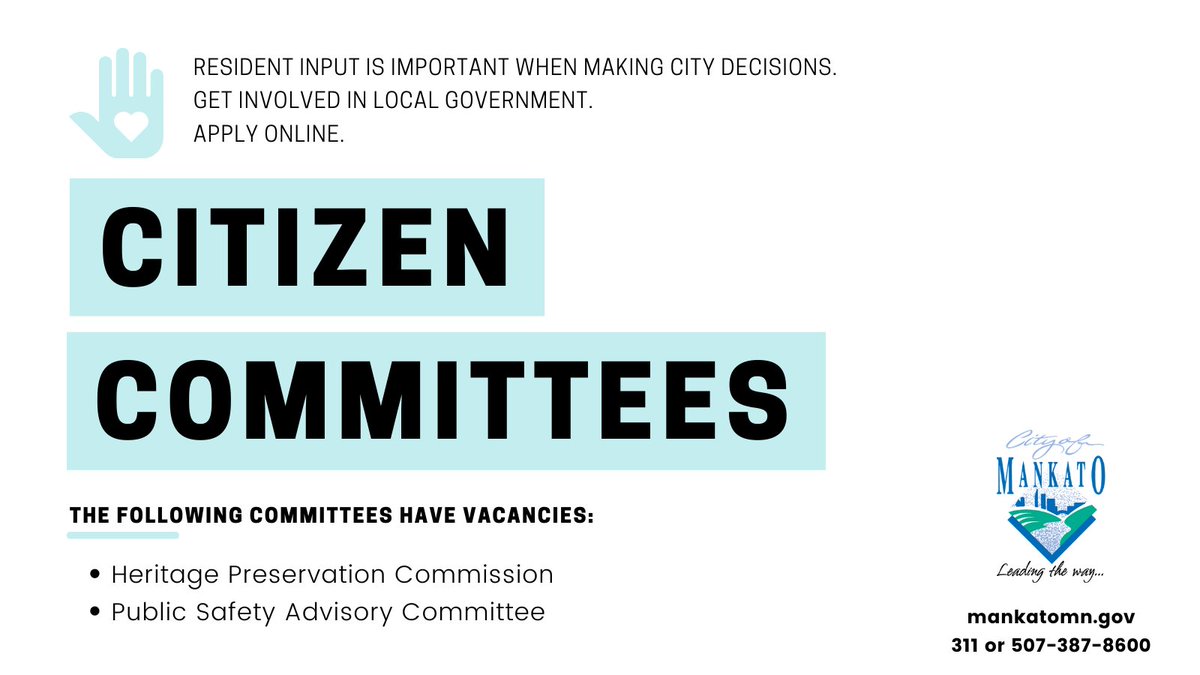 CityOfMankato's tweet photo. Apply to serve on a City of Mankato citizen committee to help the City Council make informed decisions. Vacancies are available on the Heritage Preservation Commission and Public Safety Advisory Committee. Interested? Apply by Friday, April 2. Learn more: https://t.co/762jmwpINa https://t.co/6adeBZg1Dg