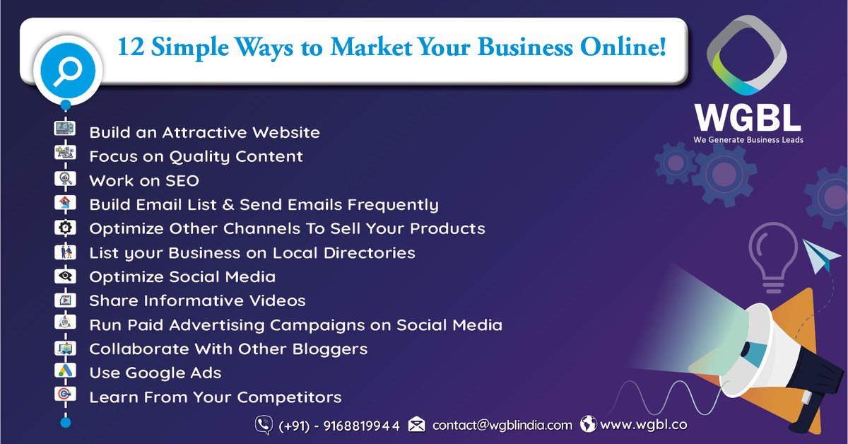 wgblindia's tweet photo. Marketing doesn’t have to be expensive. There are lots of freeways to market your business.
You can use these 12 things right now to Market your Online Business for free.  
Connect us to grow with us.
Email: contact@wgblindia.com
#onlinebusiness #contentmarketingstrategy https://t.co/xgUk9ND4OM