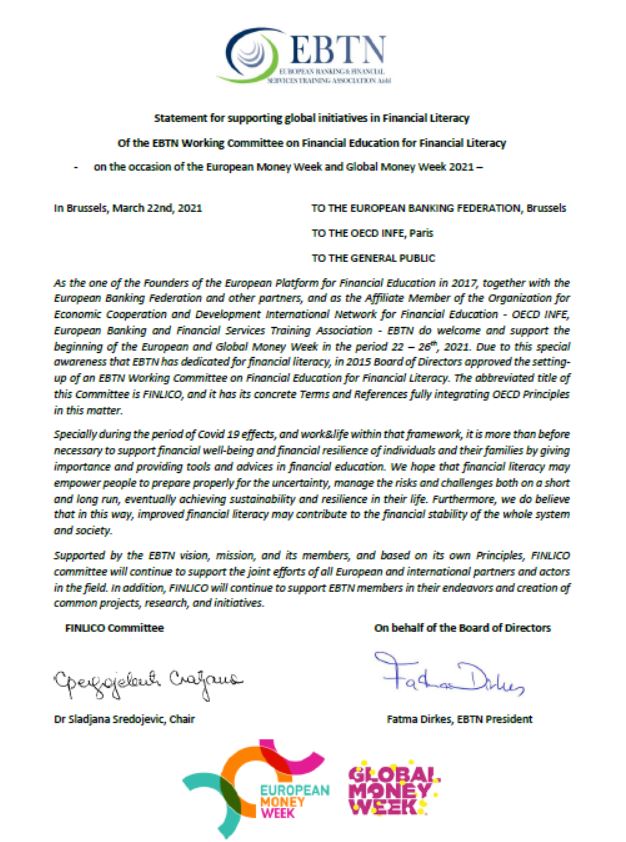 _EBTN's tweet photo. On the occasion of the European Money Week and Global Money Week 2021, the EBTN Board and the EBTN Working Committee on Financial Education for Financial Literacy (FINLICO) announces EBTNs “Statement for supporting global initiatives in Financial Literacy”. https://t.co/wWD532KtTT
