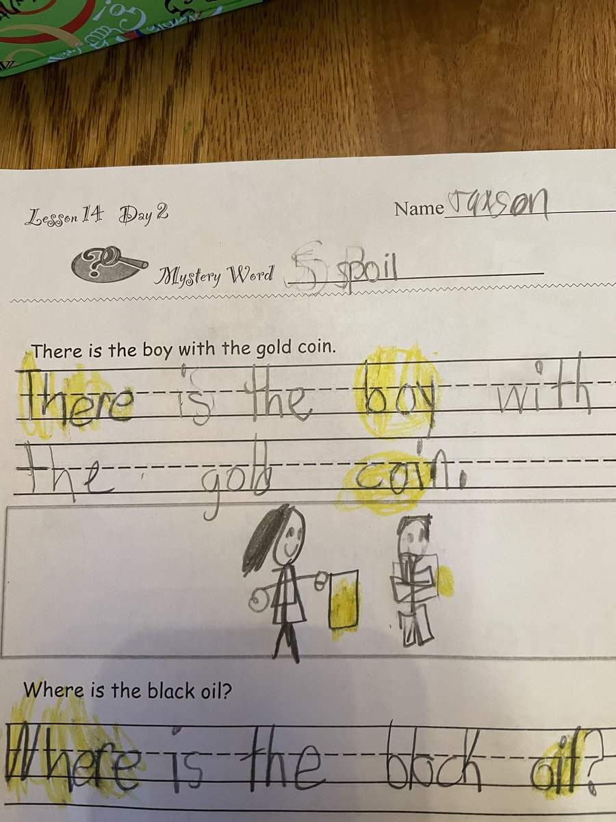 mclarkin93's tweet photo. S/o to Dr. Gayla Lohfink! Our dictation sentence this week; There is a boy with a gold coin. One student said, “This reminds me of Mrs. Lohfink who always wears a dress and looks nice! She always brings us gold coins !” @DrLohfink @swplains @LiteracyKansas @PlunkettLiz https://t.co/gkUocjehoD
