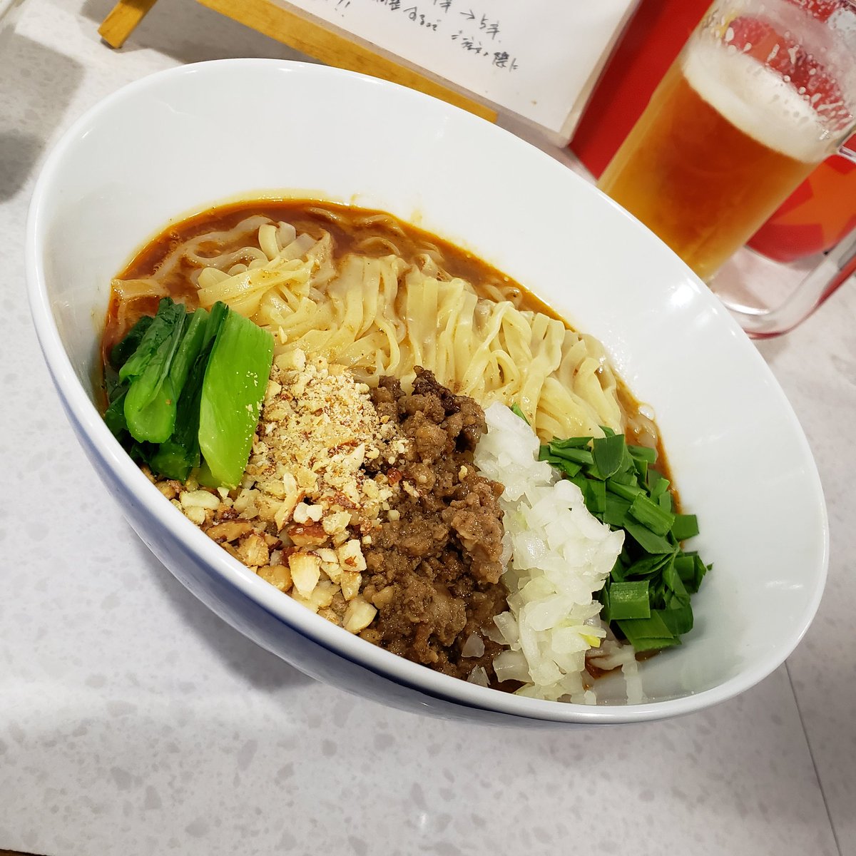 imo9010's tweet photo. 星印＠反町(京急は神奈川)

期間限定『汁なし担々麺(普通)』＋名古屋コーチンのＮＴＧ＋ミニ名古屋コーチンのＴＫＧ＋🍺🍺

汁なしは記憶してる限り
和え麺、星中、油そばぐらいかな⁉️
担々麺ではお初のこちら😍
ひゃ～辛うめぇ～🐑🐑🐑
すぐナイアガラマンに変身🦸‍♂️笑
７周年おめでとうございます🎉✨ https://t.co/VfNW75ENY2