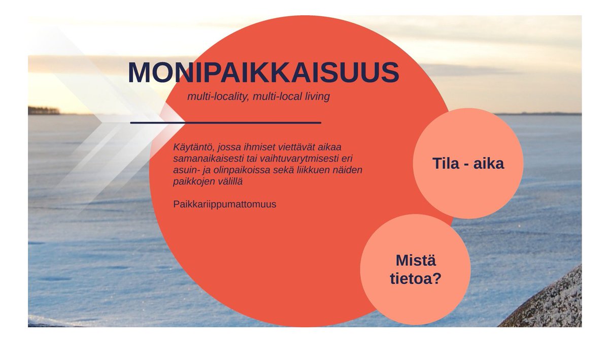 Monipaikkaisuus koskettaa Suomessa miljoonien elämää, <a href="/kati_pitkanen/">Kati Pitkänen</a> sanoo. Ihmisiin liittyvä tieto on kuitenkin asuinpaikkasidonnaista: ihmisillä on vain yksi rekisteröity asuinpaikka. Tällä hetkellä ilmiöön kytkeytyvä tieto on hajallaan eri rekistereissä. <a href="/sykeinfo/">Suomen ympäristökeskus</a> #tttv21