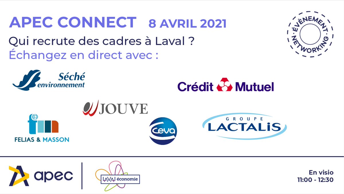 laval_economie's tweet photo. 📆Quelles entreprises 𝐑𝐄𝐂𝐑𝐔𝐓𝐄𝐍𝐓 𝐃𝐄𝐒 𝐂𝐀𝐃𝐑𝐄𝐒 à @LavalAgglo ? 
Avec @ApecPDL nous vous donnons RDV le 8 avril 🖥️pour échanger avec @groupe_lactalis  @secheenvironnem  @GroupeJouve  @CAAnjouMaine @Ceva_France... 
+ d'info et inscription 👉 https://t.co/9R7QwnRgt3 https://t.co/hZNhEtQnqs