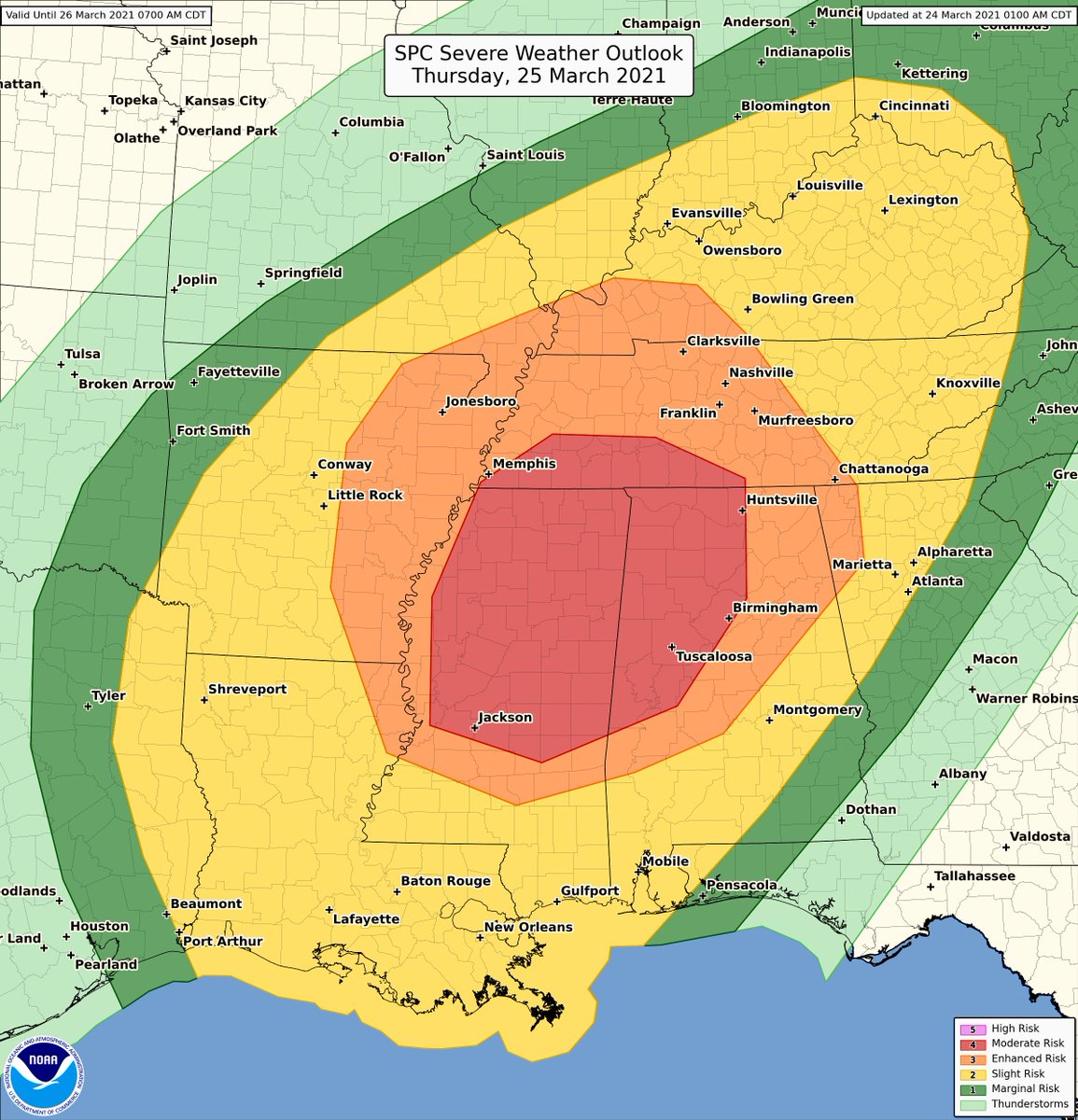 NWSSPC's tweet photo. For Thursday (3/25) a Moderate risk for severe thunderstorms has been forecast for parts of the lower MS Valley into the Southeast.  Several tornadoes, some of which may be strong, as well as large hail and severe wind gusts are possible.  Stay weather aware in these areas. https://t.co/ANLafWVVGF