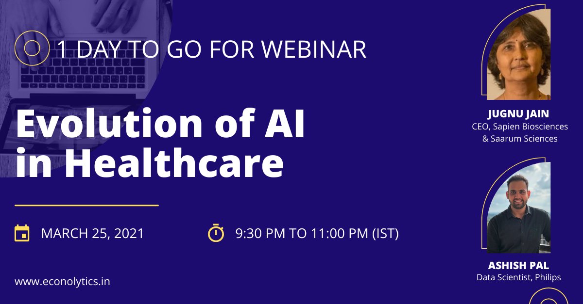 Econolytics3's tweet photo. ☛ 1 Day to Go for Webinar!!! Don’t miss Thursday’s webinar on 'Evolution of AI in Healthcare ' with 
@Econolytics3! #registernow https://t.co/3JK4bxYL67

We would love to see you there!

#ai #artificialintelligence #datascientist #healthcare https://t.co/WI6wloZYz9