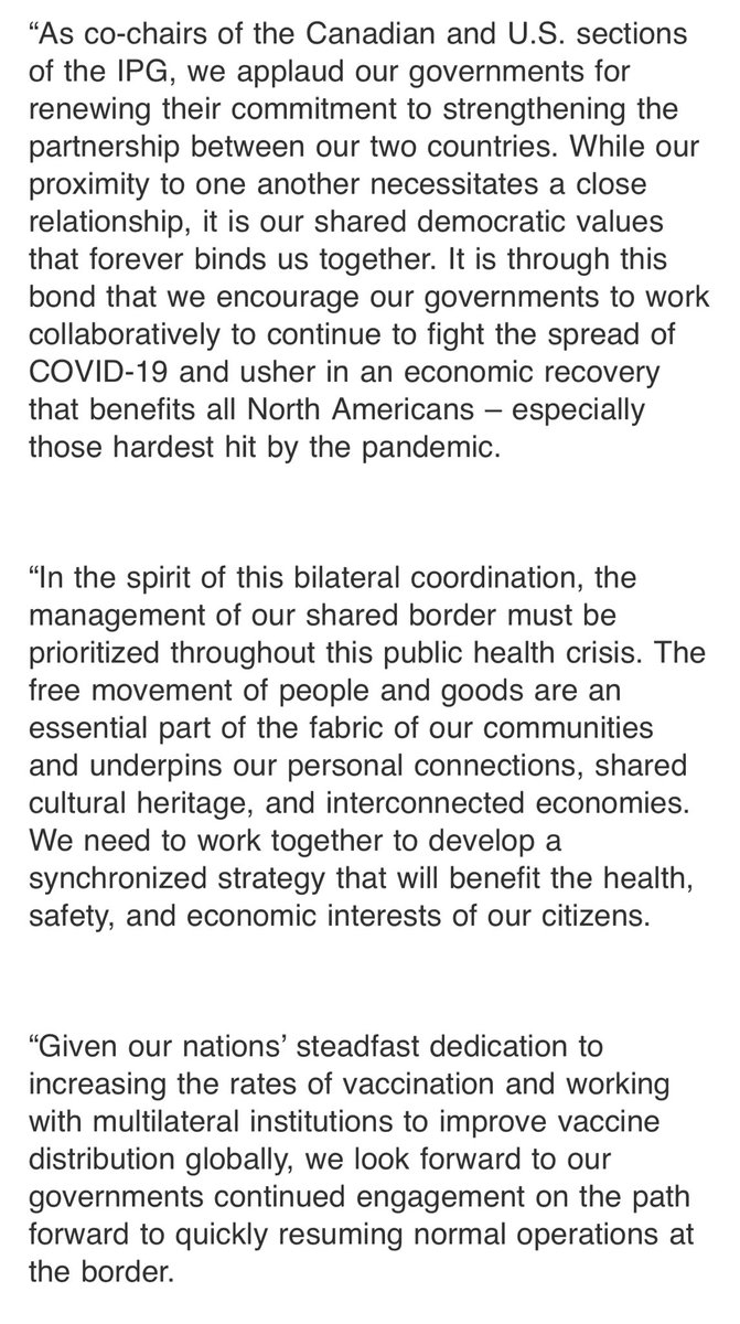 Alex_Panetta's tweet photo. The heads of the Canada–US Inter-Parliamentary Group, Rep. Brian Higgins of New York and MP Wayne Easter, call for national governments to articulate a strategy for the mostly-closed border. Which has been tightened for a year without clarity on how reopening might work. https://t.co/nMwCT2fcaH