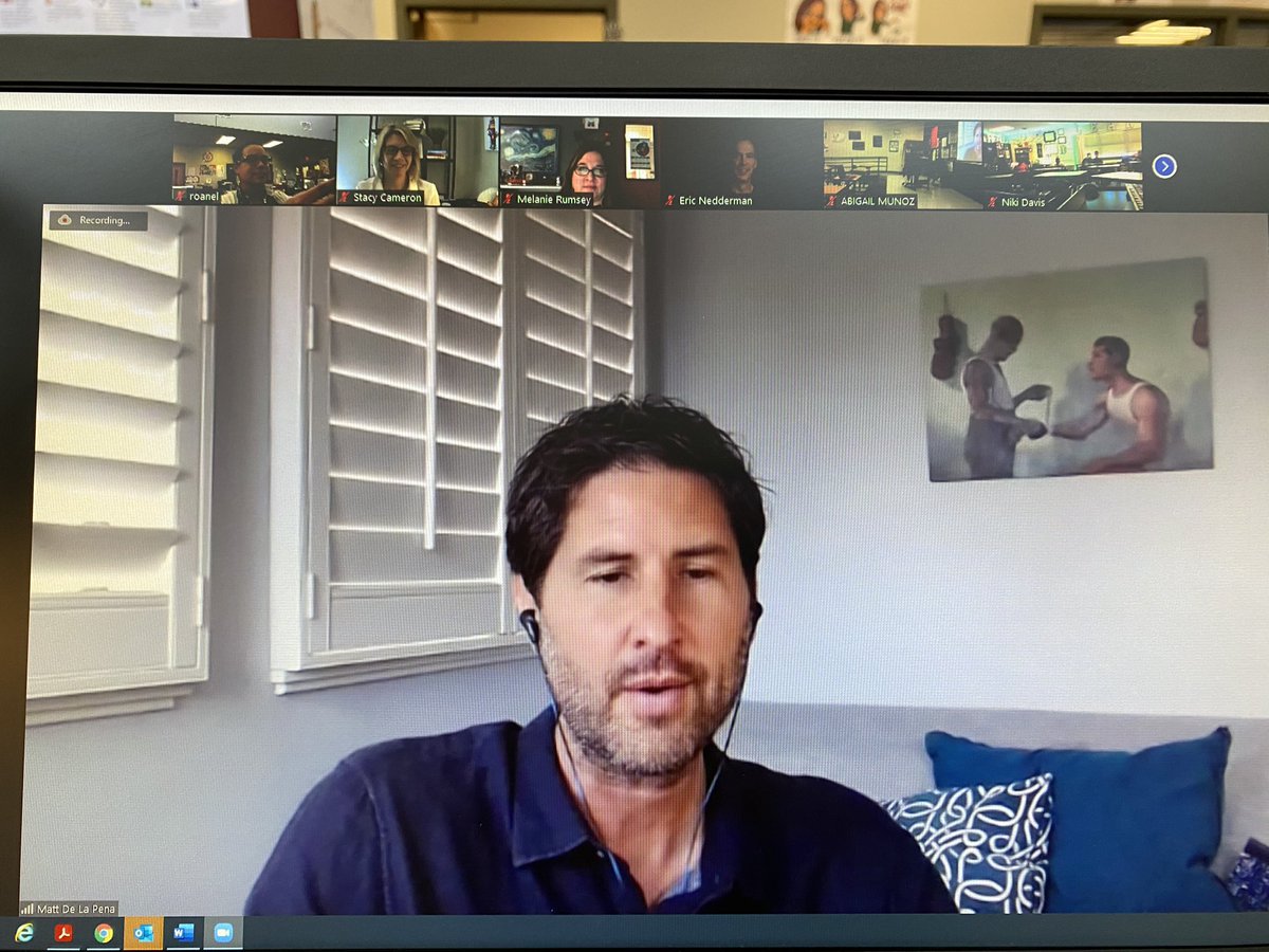 MrsReadAloud's tweet photo. A huge thank you to @mattdelapena for an awesome virtual school visit. @MausMS ❤️ your statement about telling your own story! @FISD_Libraries https://t.co/TDAytbDveL