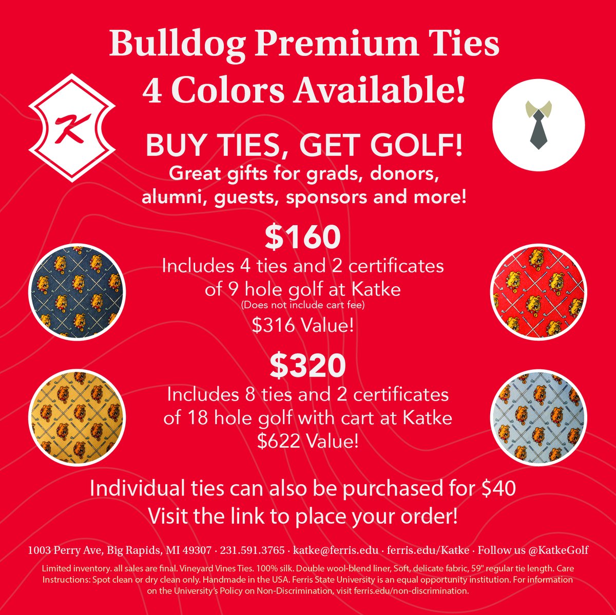 Katke is doing a sale on ties paired with golf! These ties make an excellent gift for anyone that's a golfer and loves showing Ferris pride when dressing up. Come in into the pro-shop or order online with this link: ebill.ferris.edu/C20079_ustores…! #Ferris #Katke