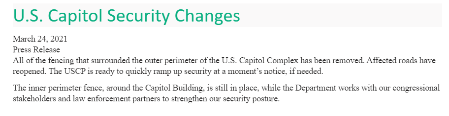 ekoslof's tweet photo. #BREAKING -- @CapitolPolice announced that "all of the fencing that surrounded the outer perimeter of the U.S. Capitol Complex has been removed..." The Inner perimeter still remains.
.
.
.
@wusa9 #CapitolHill #Capitol #Politics #CapitolSecurity https://t.co/L4Zg4shDpX