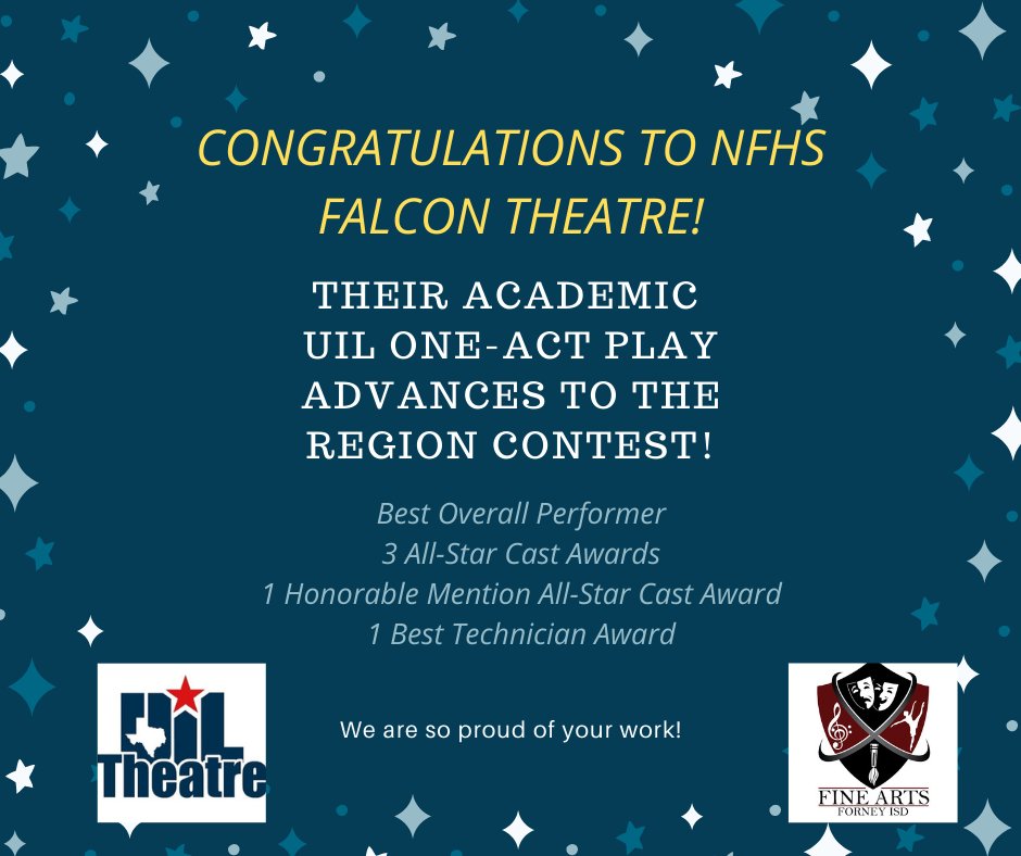 True excellence on stage and off! 
Congratulations to NFHS Falcon Theatre! @PrincipalJung  <a href="/NFHS_TrueNorth/">North Forney HS</a> <a href="/forneyisd/">ForneyISD</a>