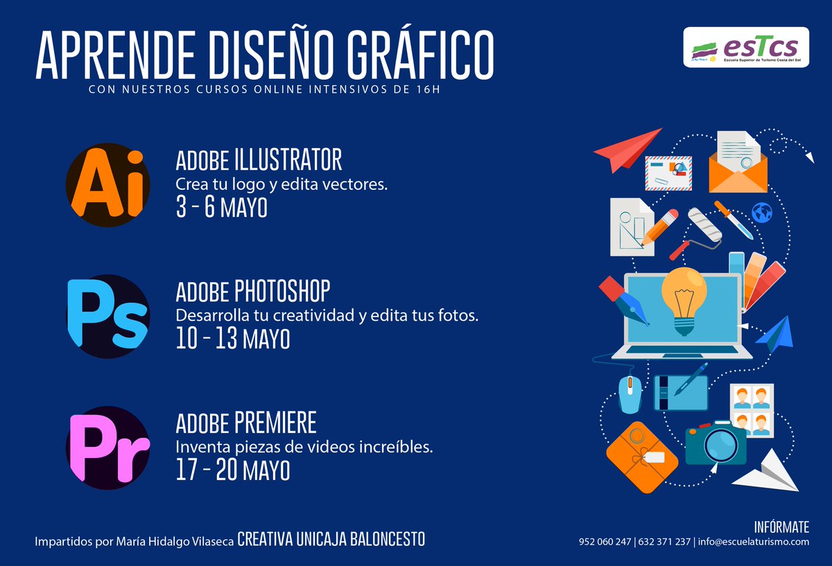 ESTCSMalaga's tweet photo. Aprende diseño gráfico con nuestros cursos online intensivos. Podrás especializarte en Adobe illustrator, Adobe Photoshop o Adobe Premiere. Todos ellos impartidos por @mariahidalvila creativa del Unicaja Baloncesto. Más info: info@escuelaturismo.com 952 060 247 / 632 371 237 https://t.co/pMB8rP0u2w