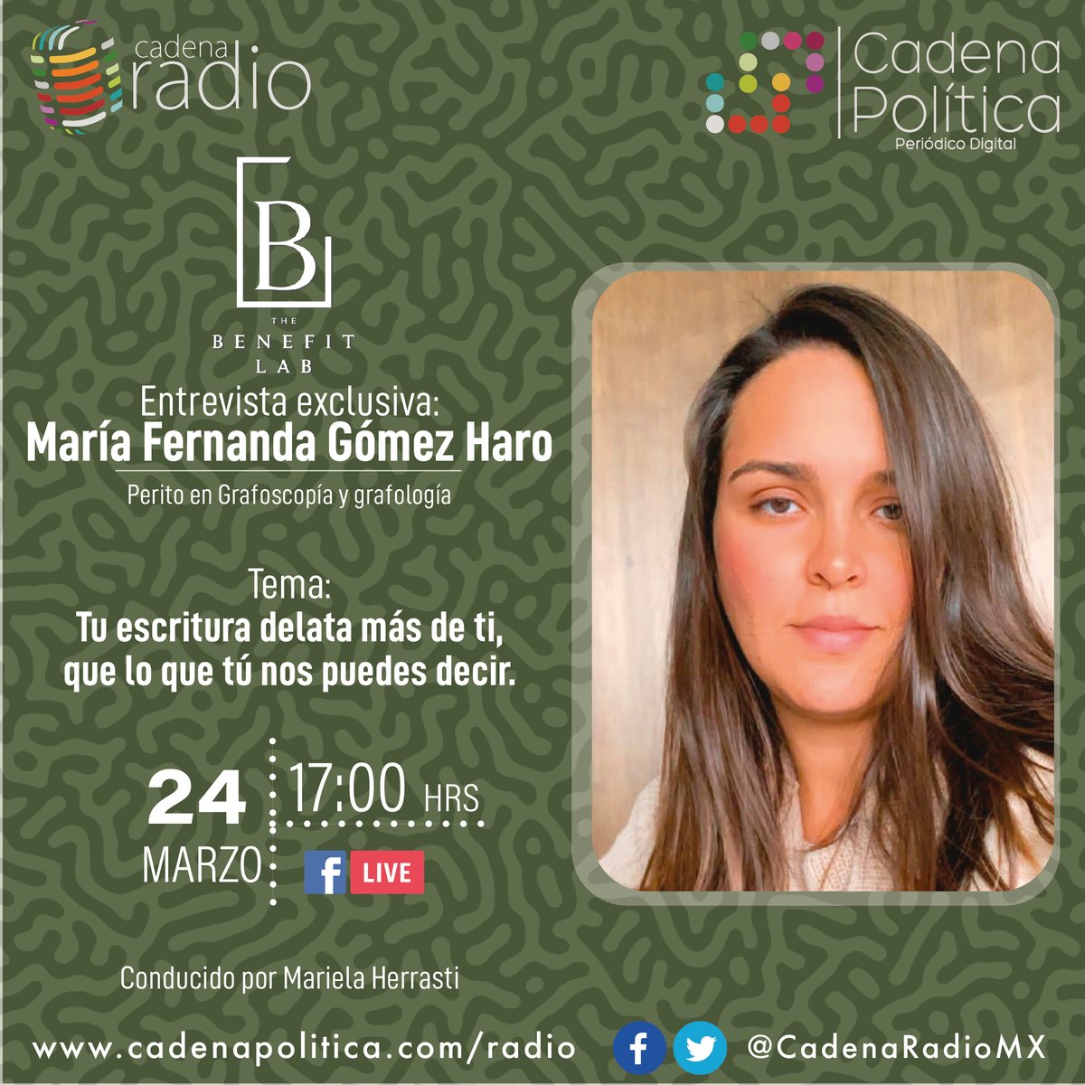 CadenaRadioMx's tweet photo. No te pierdas #TheBenefitLab todos los miércoles a las 17:00 hrs. a través de la señal de FBLive
https://t.co/IV50RJXE0o

Entrevista con María Fernanda Gómez Haro
Conduce: Mariela Herrasti
#programas #envivo #cadenaradio https://t.co/7AZfDFhVq8