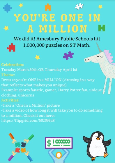 jenndonais's tweet photo. We DID it! @AmesburySchools marched to MILLION! Today we hit ONE MILLION puzzles on @STMath.  Join us in our, "One in a Million" celebration next week.  We can't be more excited and proud of our Amesbury students. 🐧🤩
@AmesburyMiddle @Mass_STEMHub #STMathMA
@MASchoolsK12 https://t.co/Ms64wdbj9x