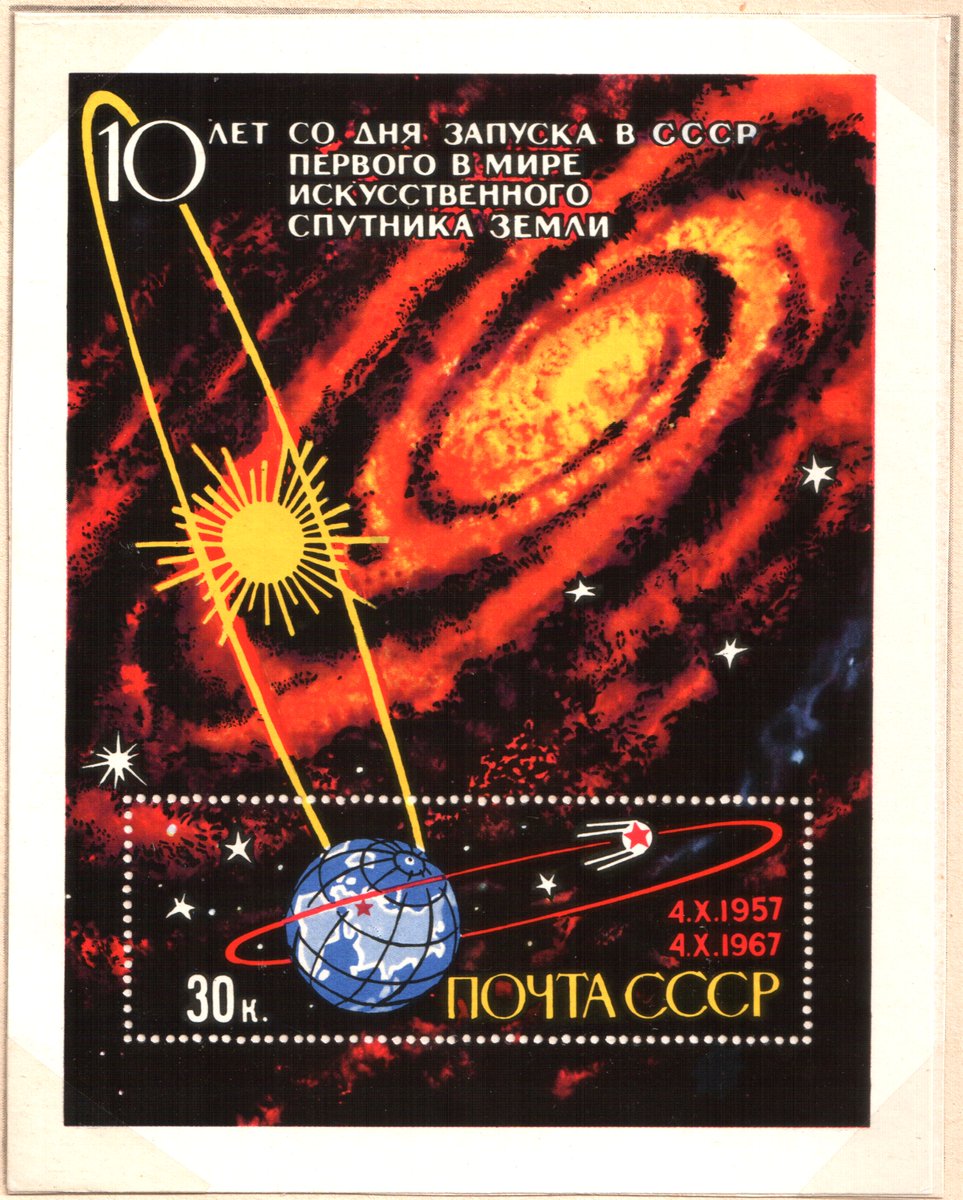 yesterdayintrav's tweet photo. The launch of Sputnik in Oct. 1957 terrified Americans — and inspired the Soviets. Check out this cool Soviet stamp from the era,  then take a listen to our latest episode about the start of the Space Race 💫

https://t.co/widzZIzgOb https://t.co/yf592fnsLB