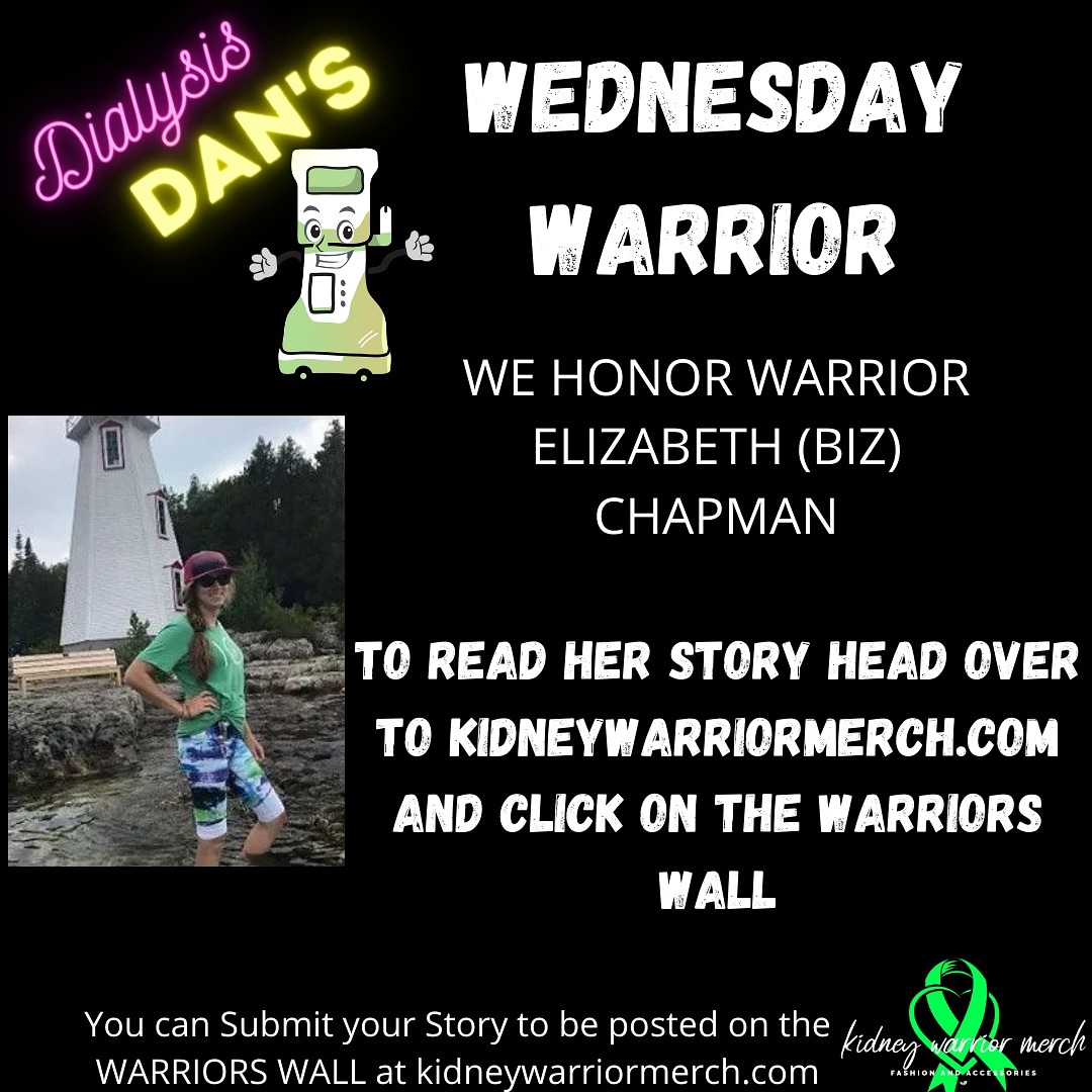 MerchKidney's tweet photo. Dialysis Dan's Wednesday Warrior we honor Elizabeth Chapman. To read her story or the story of other kidney warriors head over to https://t.co/sUav4GBpFn #kidneywarrior #kidneyfailure #dialysis https://t.co/4U3615qIs0