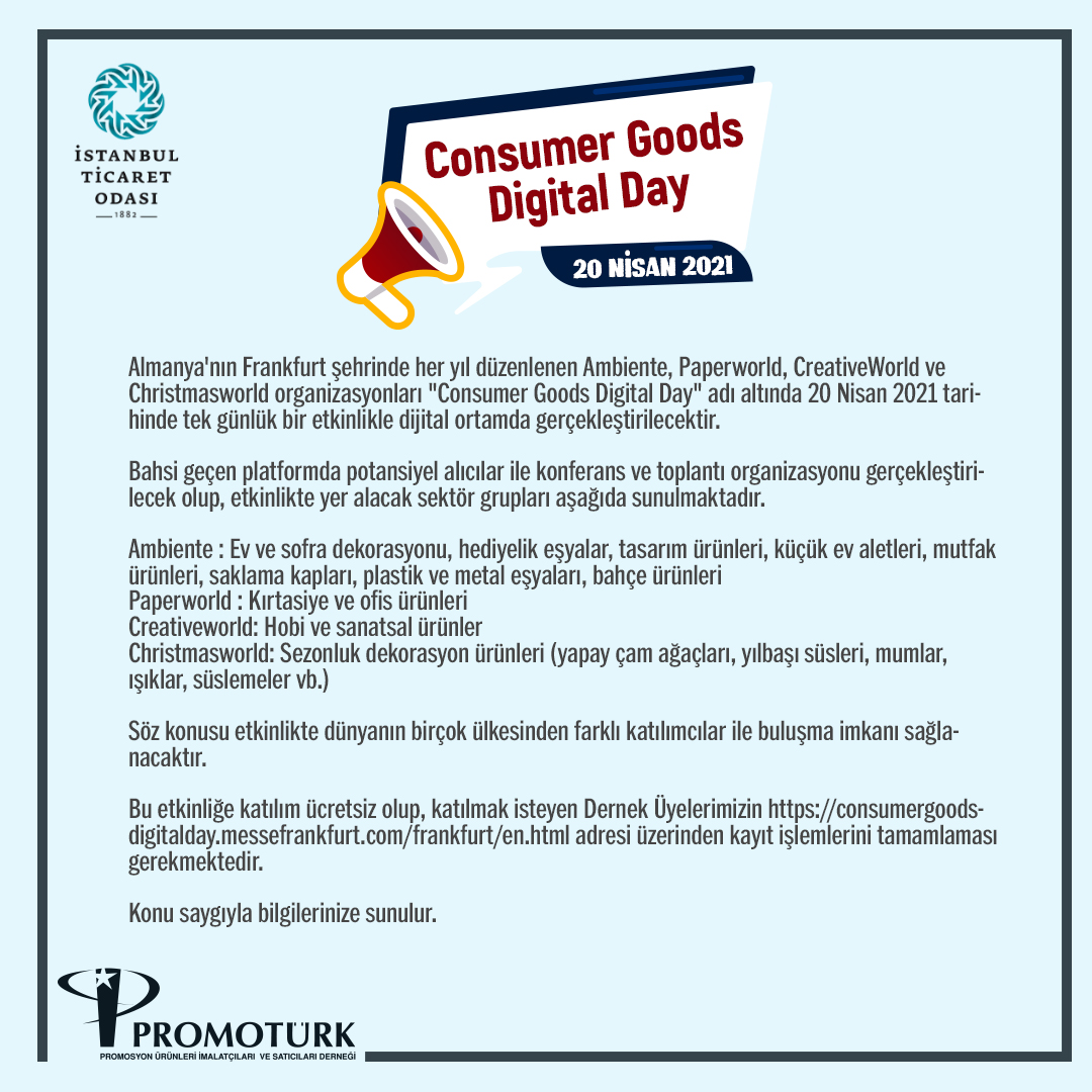 Her sene düzenlenen Ambiente, Paperworld, CreativeWorld ve Christmasworld organizasyonları "Consumer Goods Digital Day" adı altında 20 Nisan 2021 tarihinde tek günlük bir etkinlikle dijital ortamda gerçekleştirilecektir.

…mergoodsdigitalday.messefrankfurt.com/frankfurt/en.h… 

#Ambiente #Paperworld #Psi #ITO