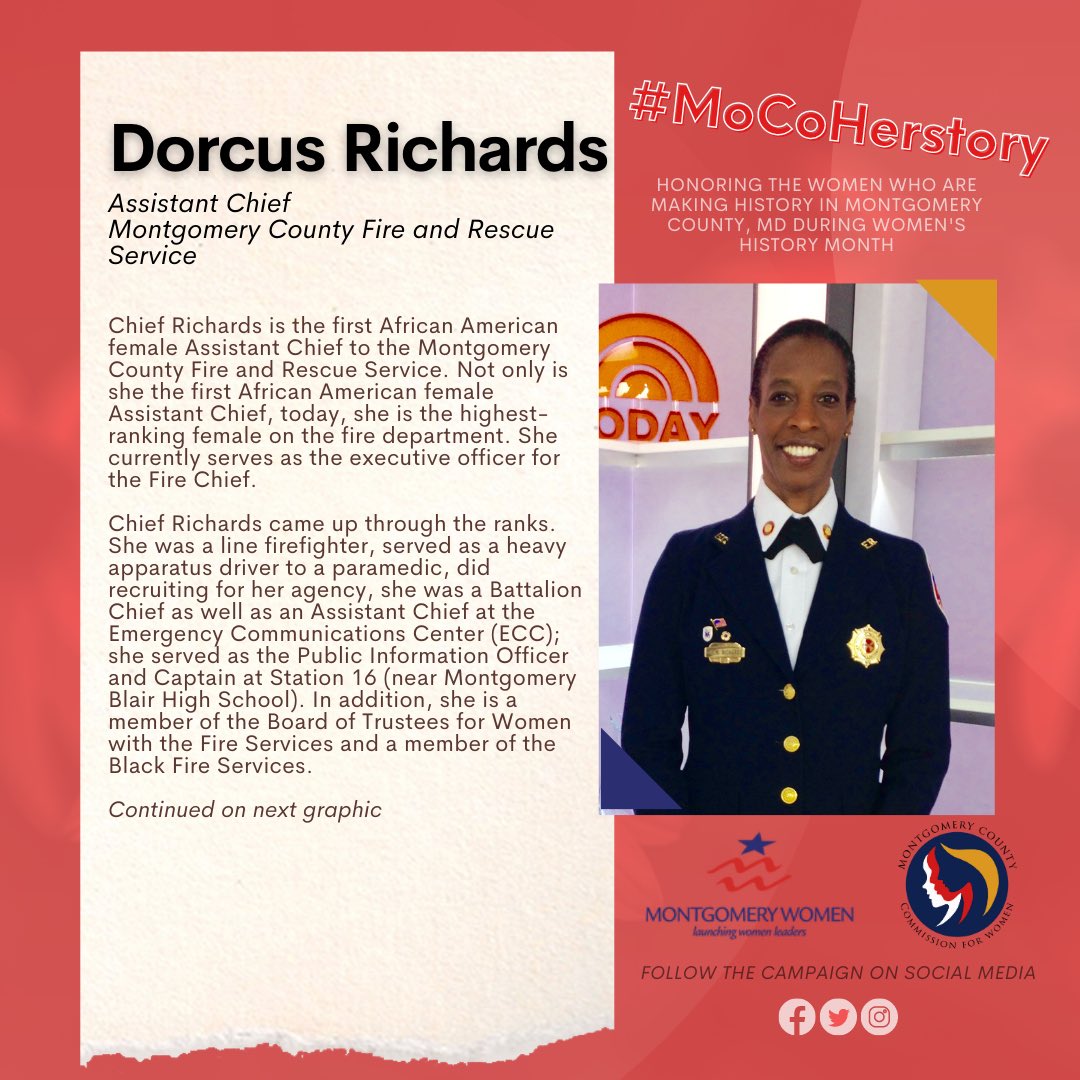 MoCoWomen's tweet photo. 🎉 Throughout March, the #MontgomeryCounty Commission for Women and @MontWomen honor the women who are making history in our community. 

Today we celebrate the Dorcus “Dee” Richards, Assistant Chief of Montgomery County Fire &amp; Rescue Service.👏 #MoCoHerstory #whm @mcfrs https://t.co/cD7dpU6tmI